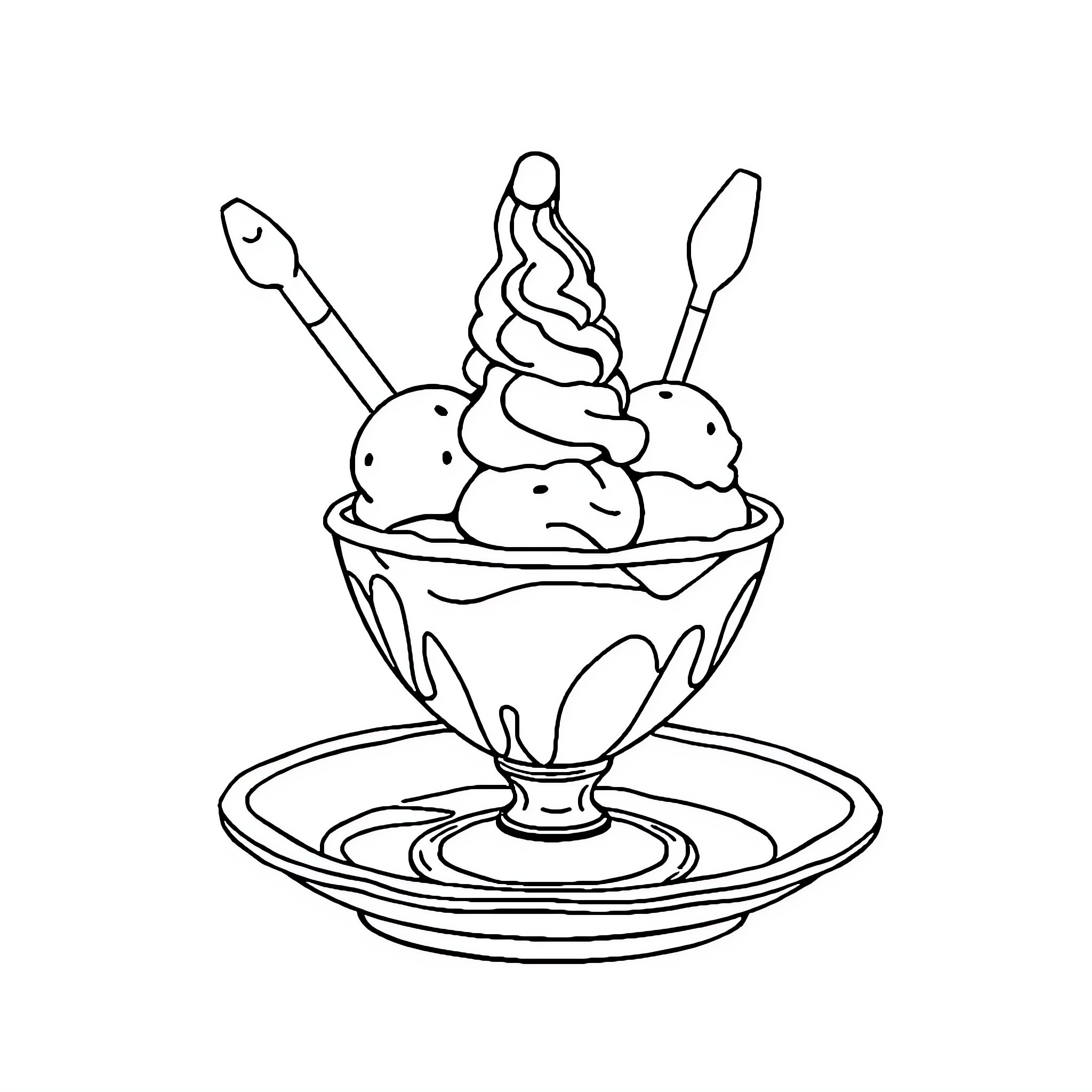 Banana Split with Swirling Treats and Utensils Coloring Page (free black-and-white line drawing printable PDF for all, from beginners to advanced learners, including children, teens, adults, and seniors)