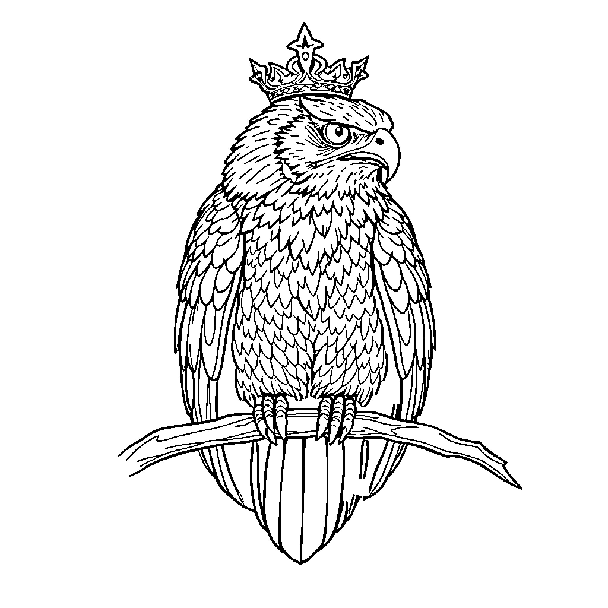 Rana the Crowned Parrot on a Branch Coloring Page (free black-and-white line drawing printable PDF for all, from beginners to advanced learners, including children, teens, adults, and seniors)