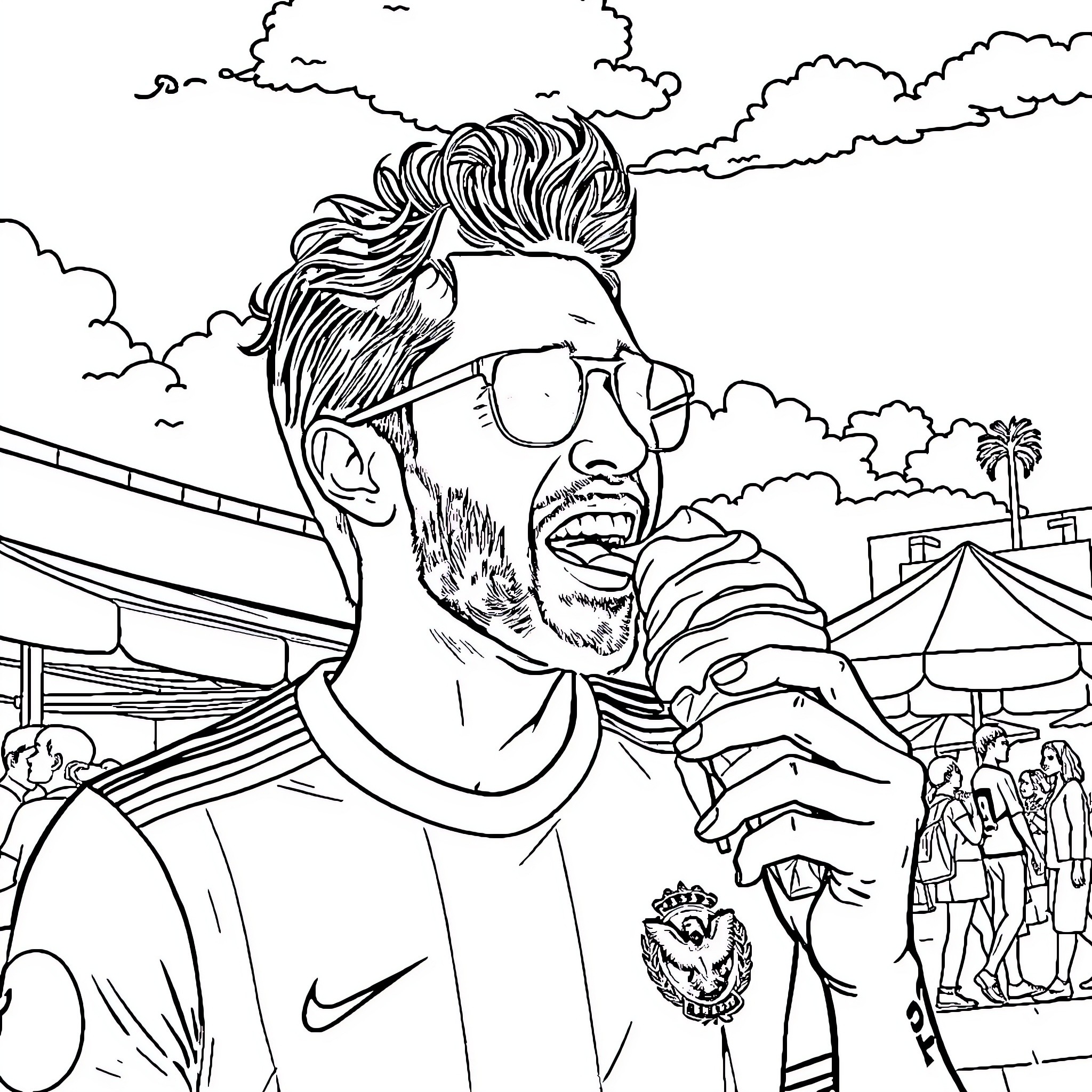 Griezmann at the carnival in relaxed pose Coloring Page (free black-and-white line drawing printable PDF for all, from beginners to advanced learners, including children, teens, adults, and seniors)