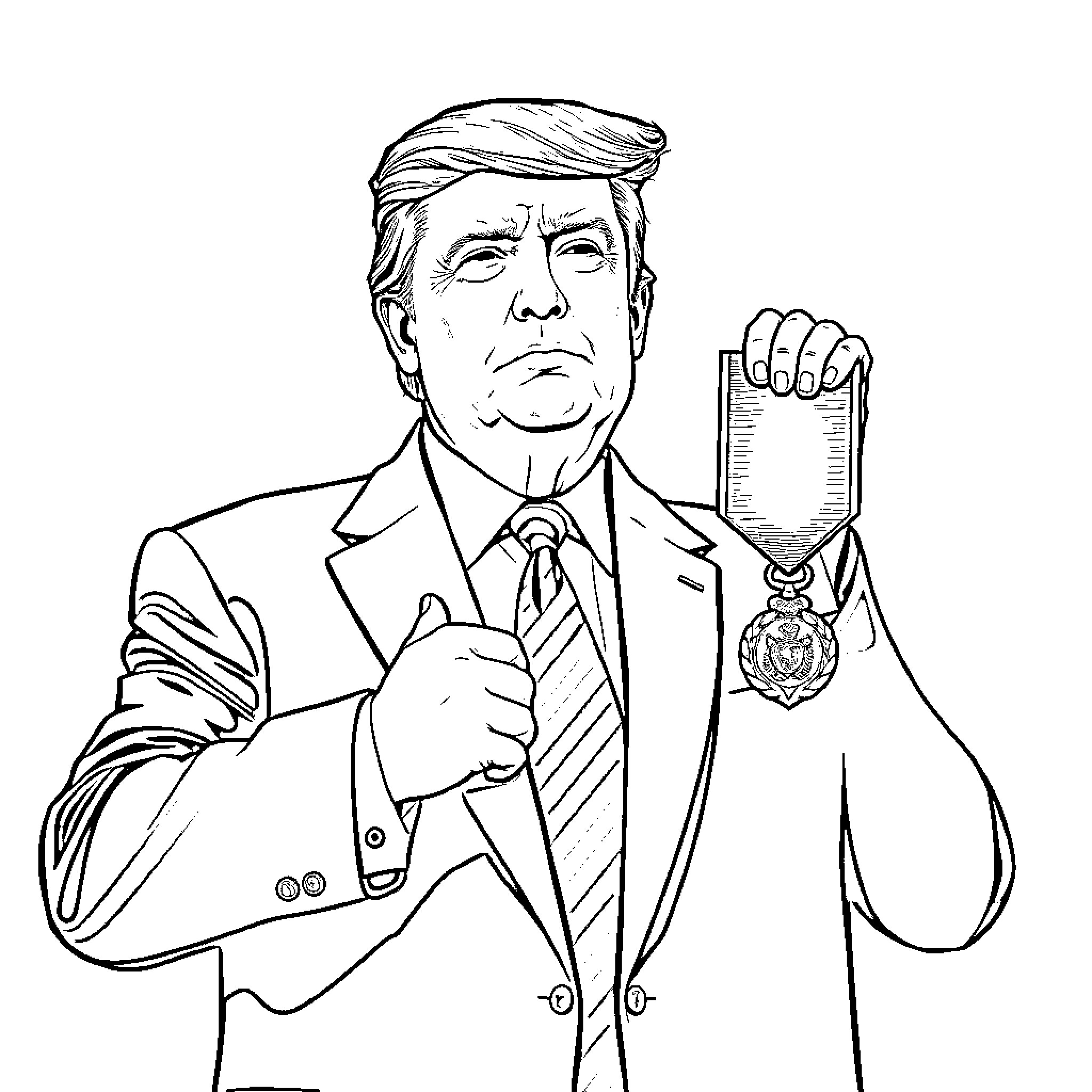Trump proudly displaying his medal of honor Coloring Page (free black-and-white line drawing printable PDF for all, from beginners to advanced learners, including children, teens, adults, and seniors)