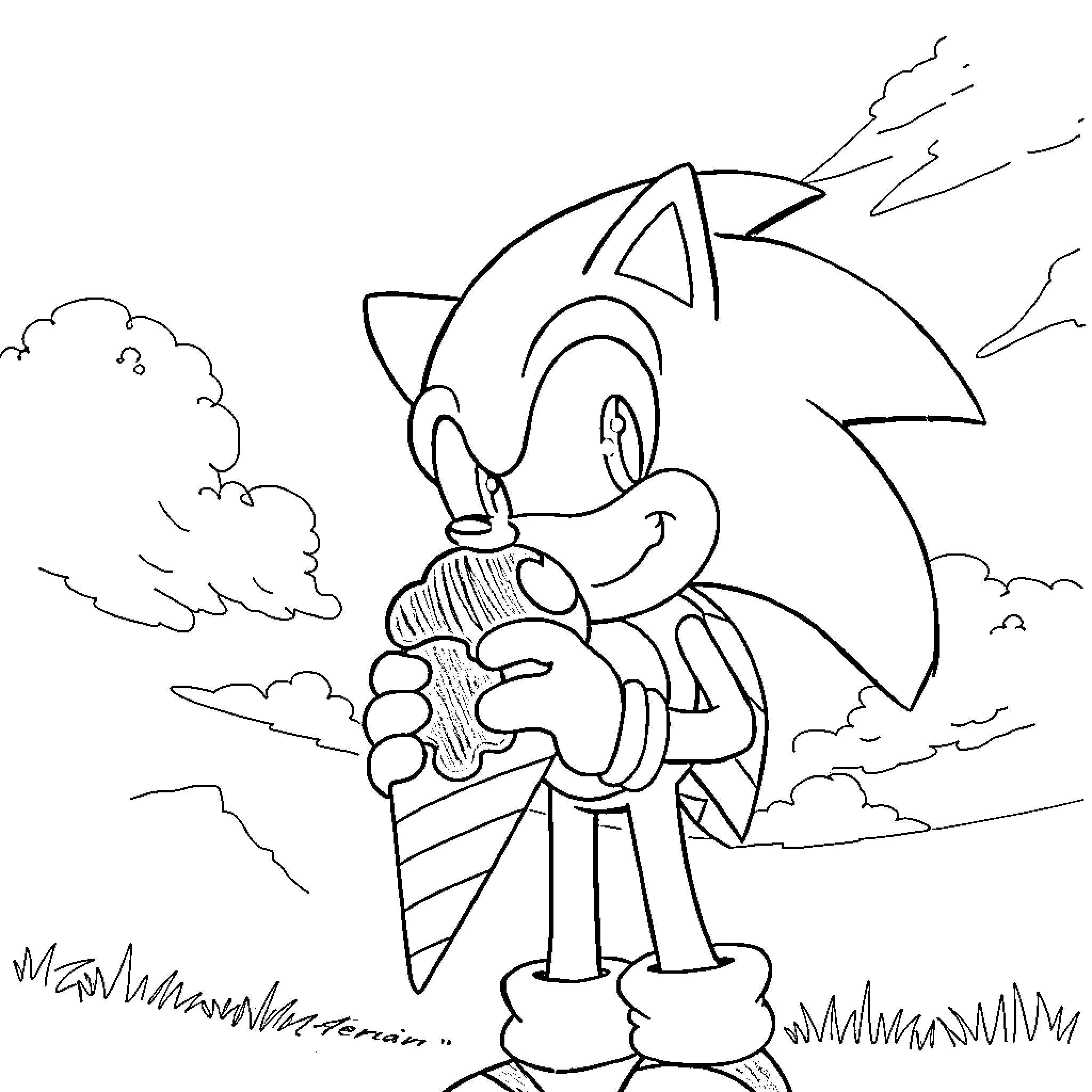 Sonic heroically wielding a lightning bolt in the storm Coloring Page (free black-and-white line drawing printable PDF for all, from beginners to advanced learners, including children, teens, adults, and seniors)