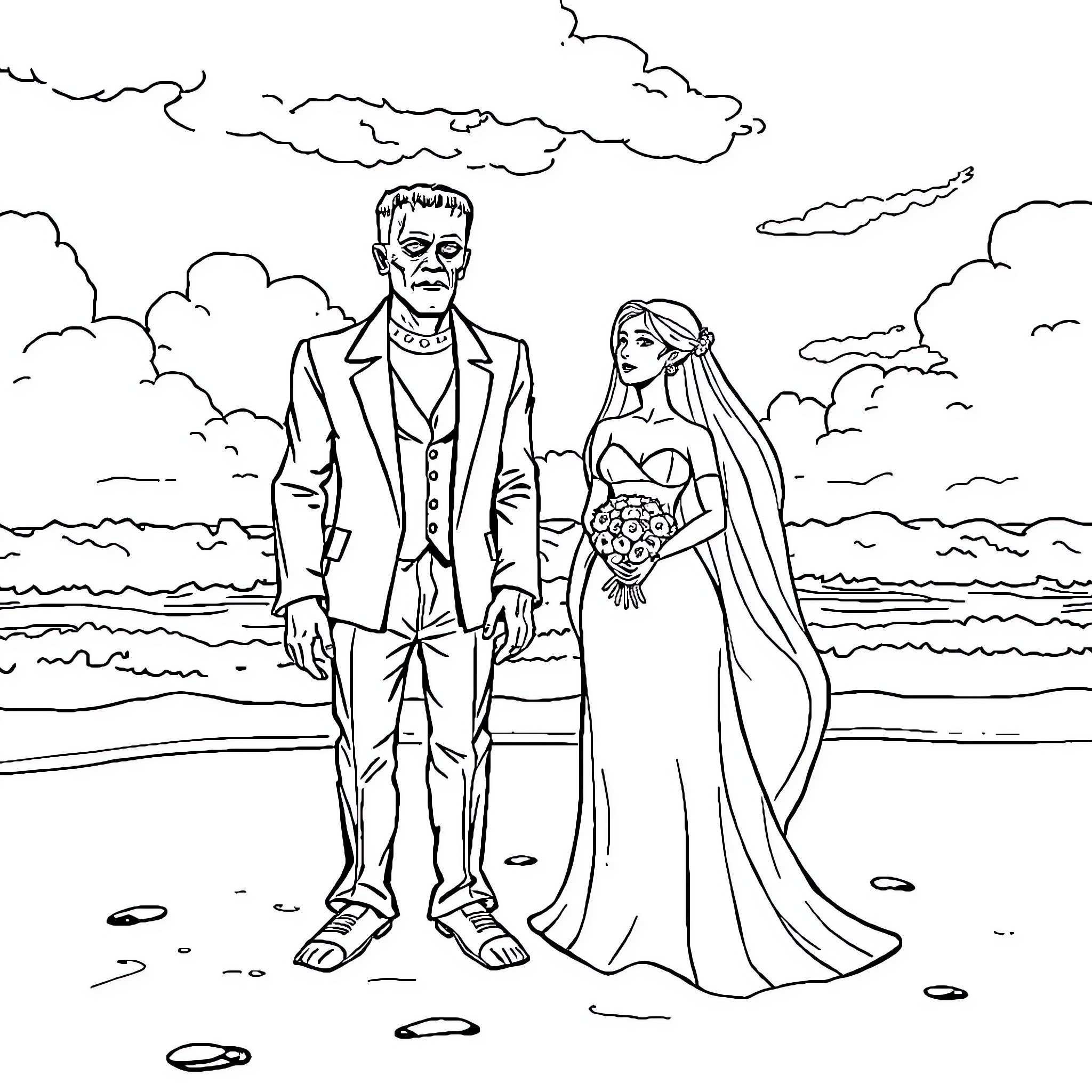 Frankenstein's Bride on the Beach Coloring Page (free black-and-white line drawing printable PDF for all, from beginners to advanced learners, including children, teens, adults, and seniors)