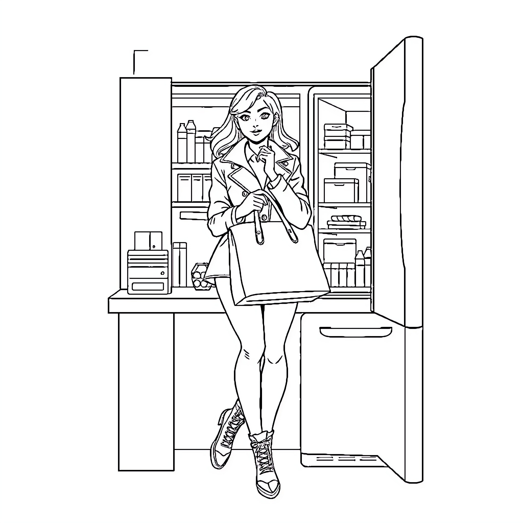 Secretaria Organizing and Arranging Office Supplies Coloring Page (free black-and-white line drawing printable PDF for all, from beginners to advanced learners, including children, teens, adults, and seniors)