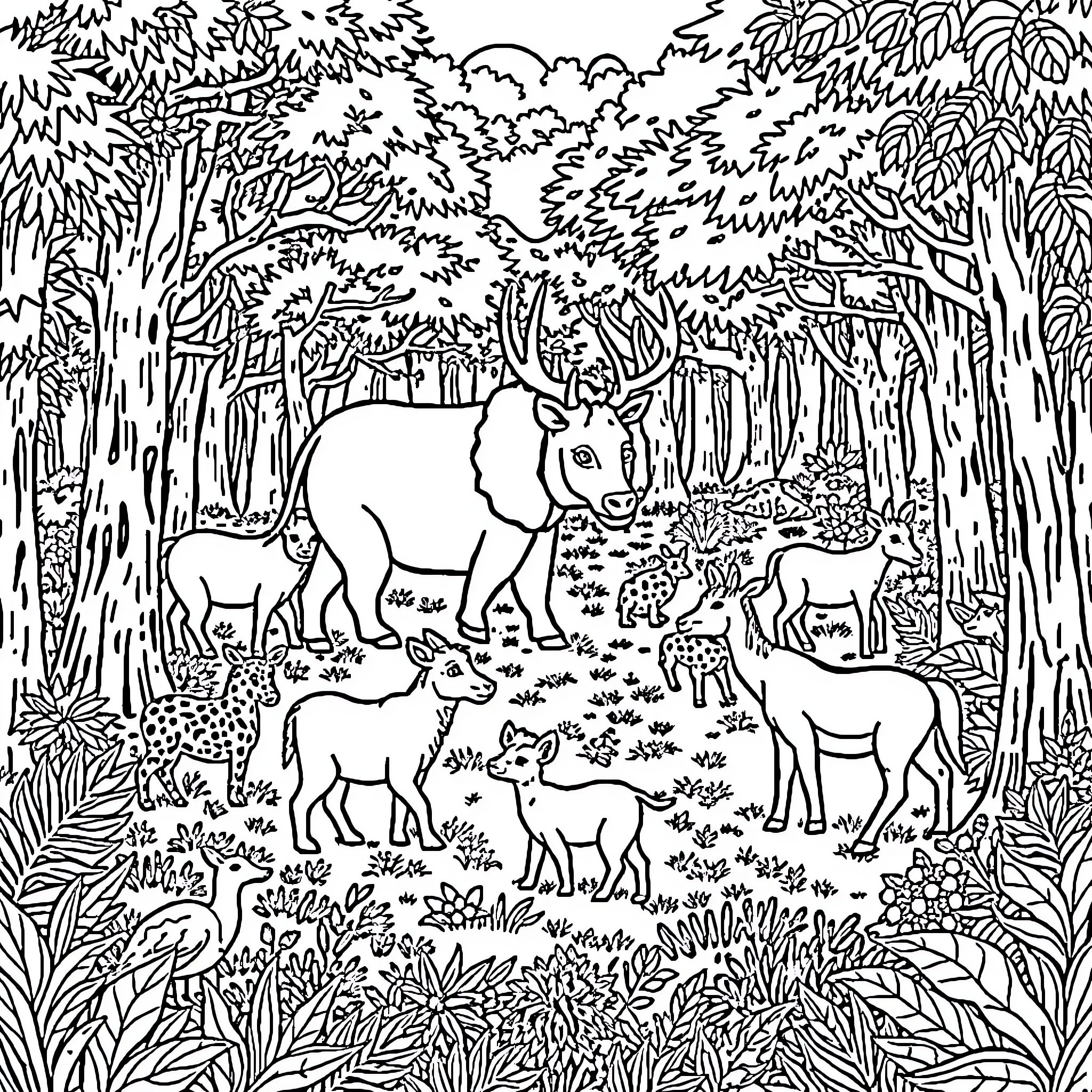 Animal Deer and Fawns Roaming in Forest Coloring Page (free black-and-white line drawing printable PDF for all, from beginners to advanced learners, including children, teens, adults, and seniors)
