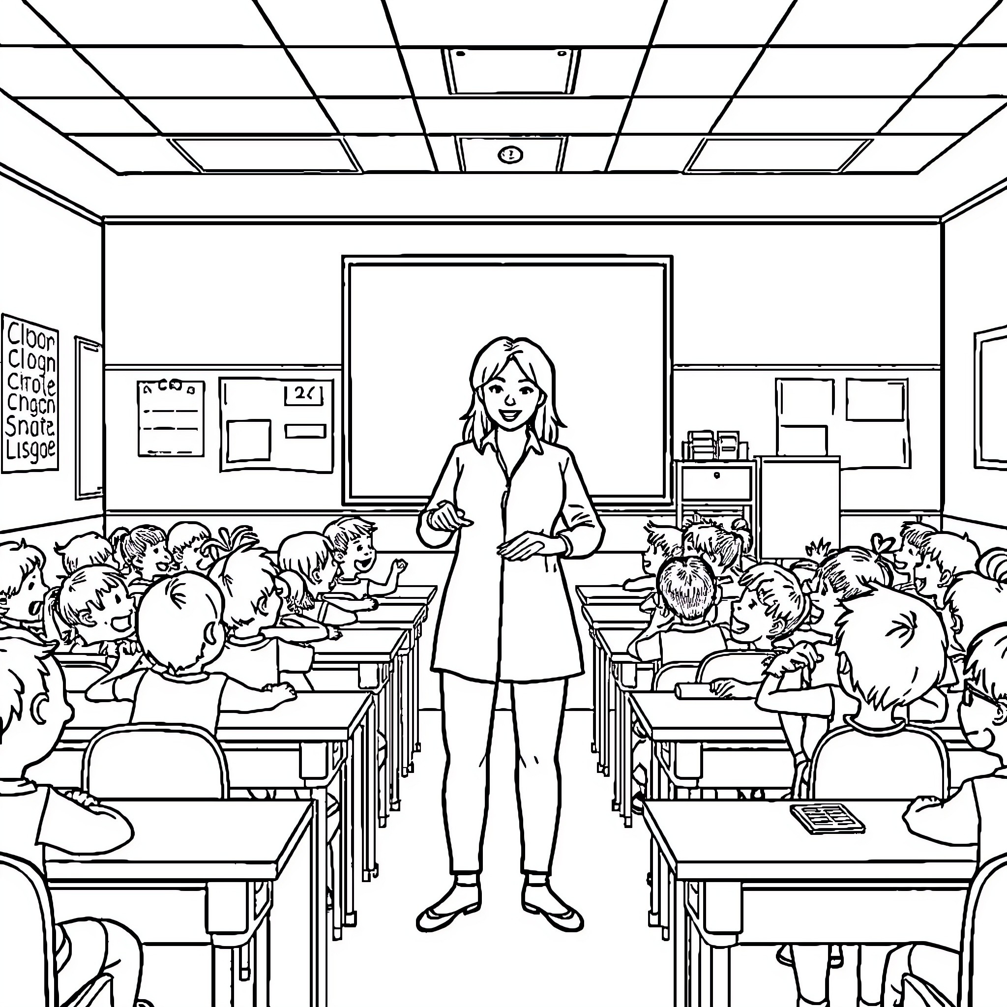 Teacher Interacting with Students in Classroom Coloring Page (free black-and-white line drawing printable PDF for all, from beginners to advanced learners, including children, teens, adults, and seniors)