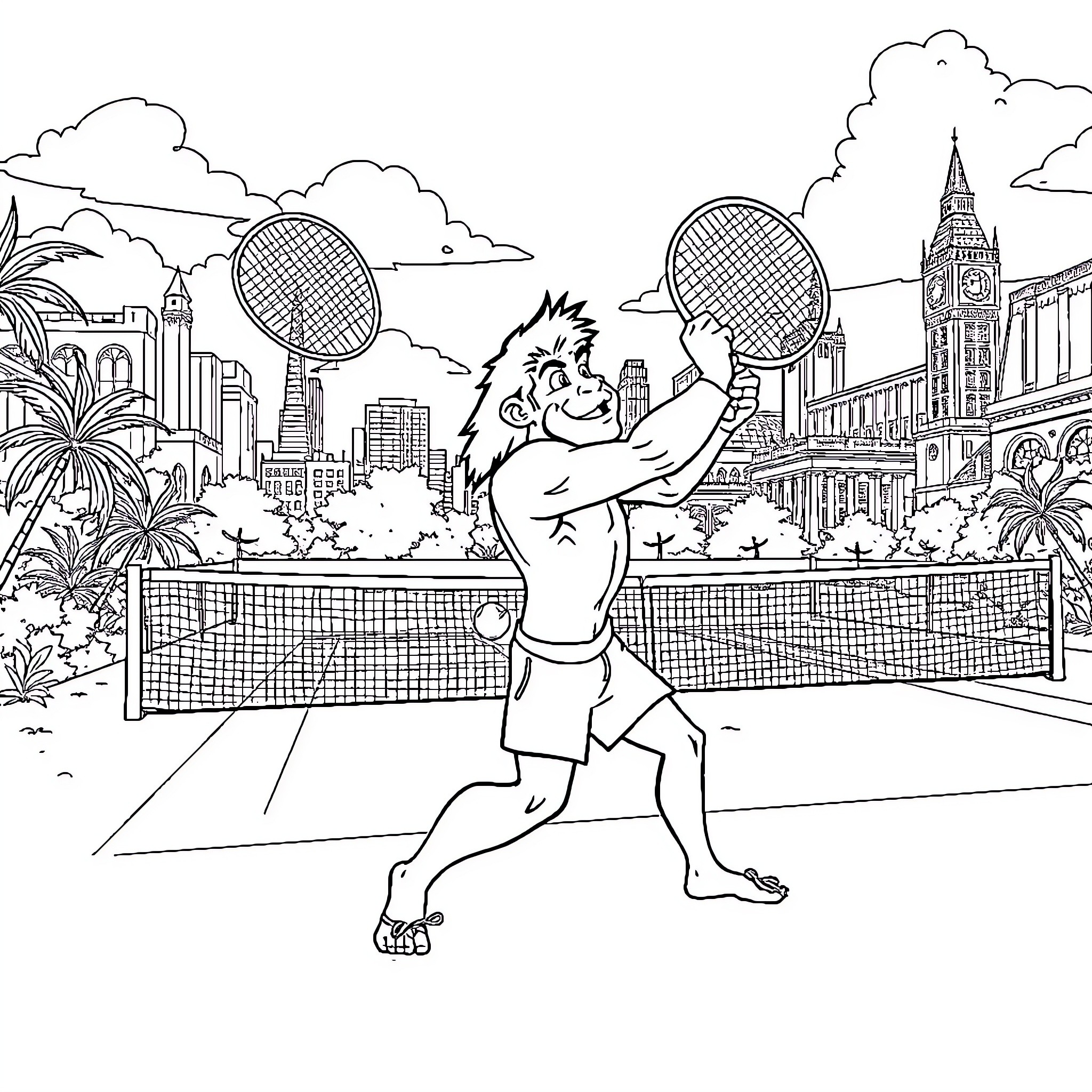 Tarzan playing tennis in the city Coloring Page (free black-and-white line drawing printable PDF for all, from beginners to advanced learners, including children, teens, adults, and seniors)