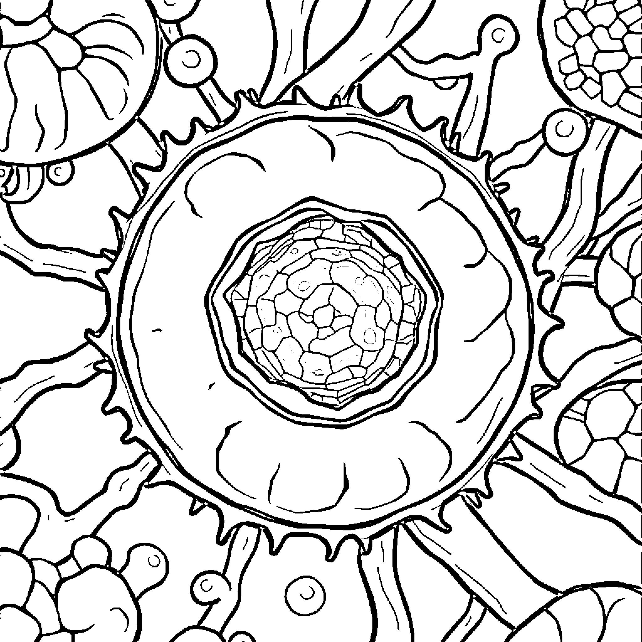 Plant Cell Structure and Patterns Coloring Page (free black-and-white line drawing printable PDF for all, from beginners to advanced learners, including children, teens, adults, and seniors)