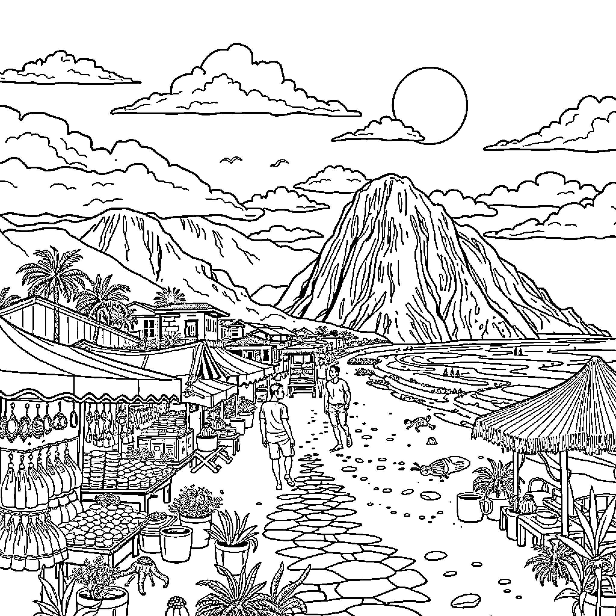 Mexico: Vibrant Marketplace in Mountainous Landscape Coloring Page (free black-and-white line drawing printable PDF for all, from beginners to advanced learners, including children, teens, adults, and seniors)