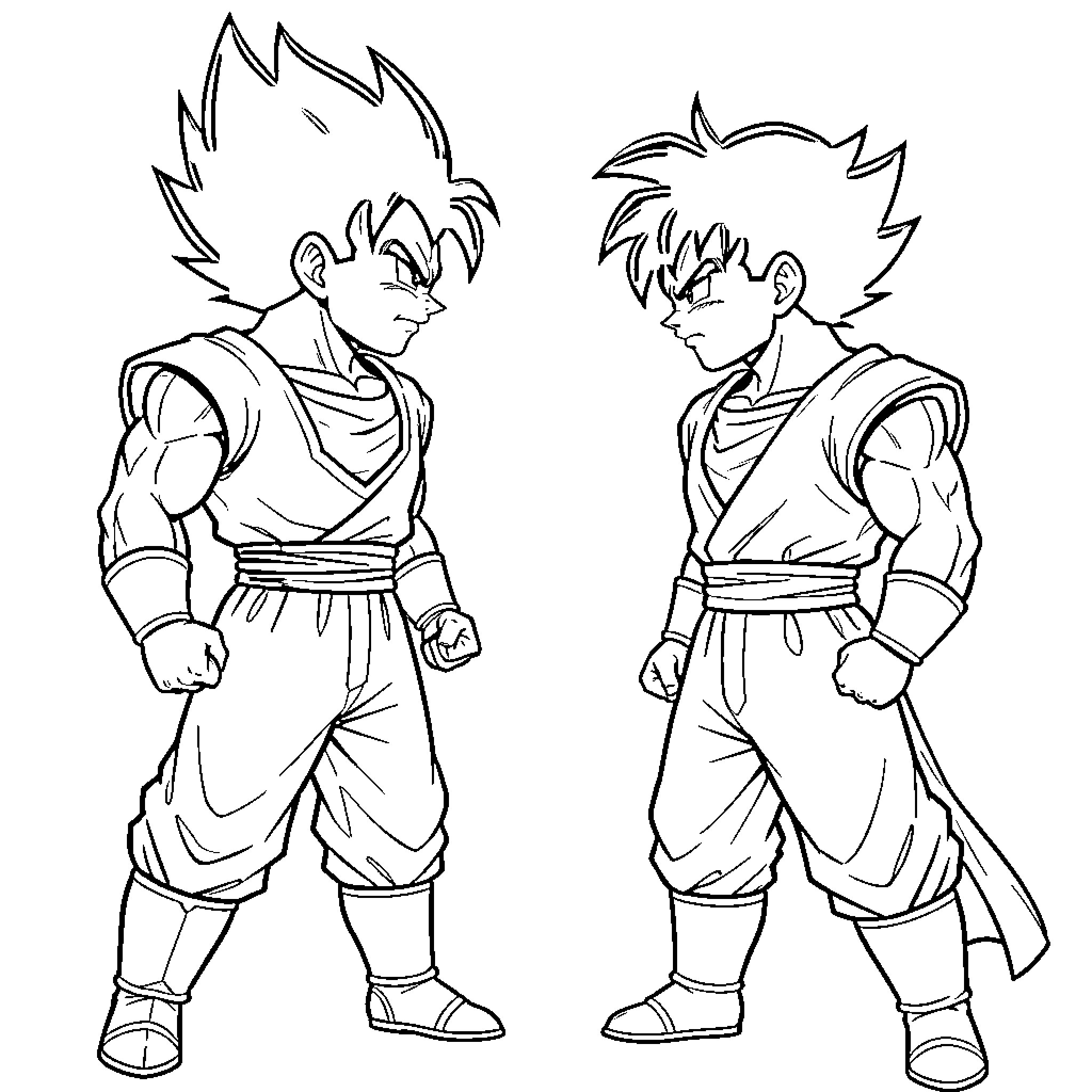 Vegeta and Goku facing off in a battle stance Coloring Page (free black-and-white line drawing printable PDF for all, from beginners to advanced learners, including children, teens, adults, and seniors)