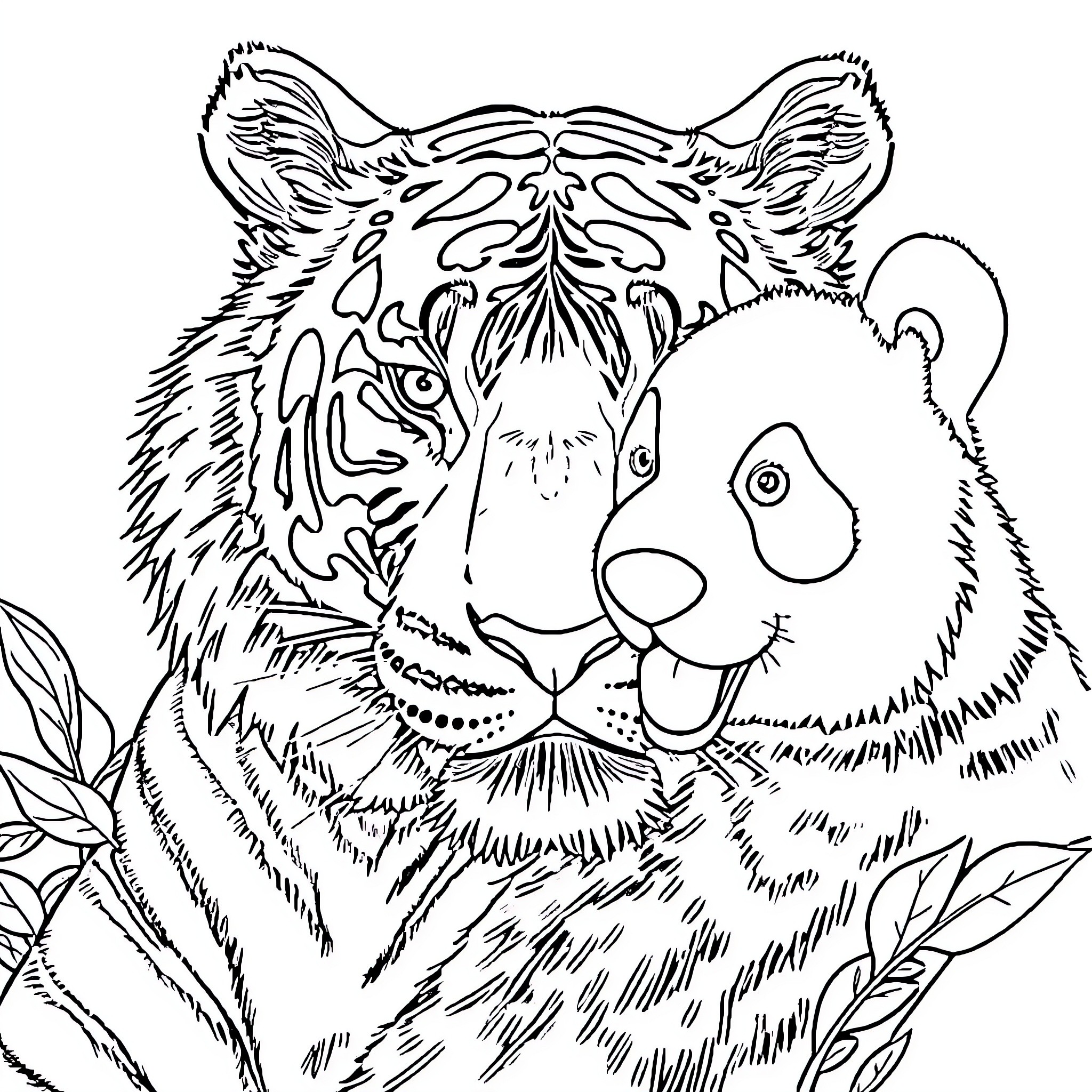 Tiger in a Whimsical Forest Setting Coloring Page (free black-and-white line drawing printable PDF for all, from beginners to advanced learners, including children, teens, adults, and seniors)