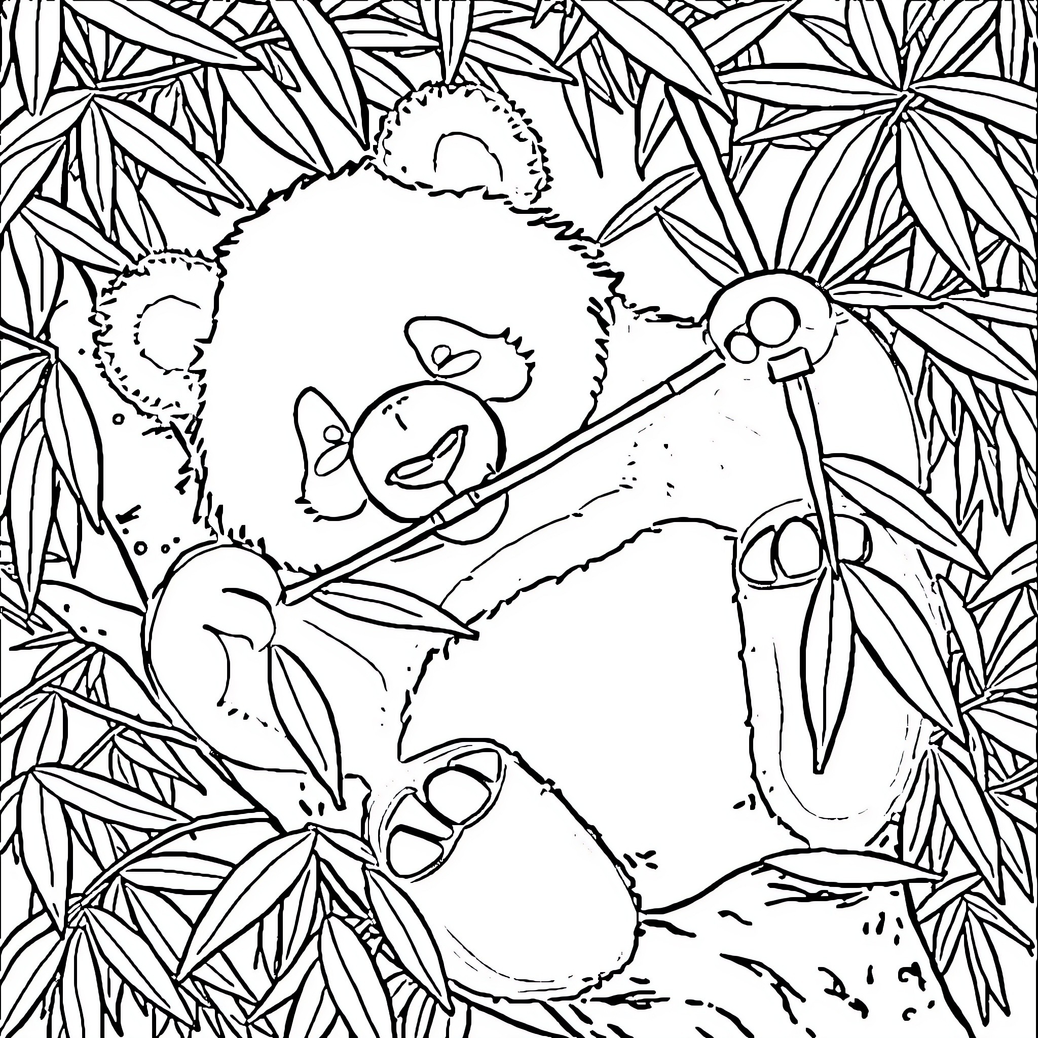 Panda Enjoying Nature's Tranquility Coloring Page (free black-and-white line drawing printable PDF for all, from beginners to advanced learners, including children, teens, adults, and seniors)