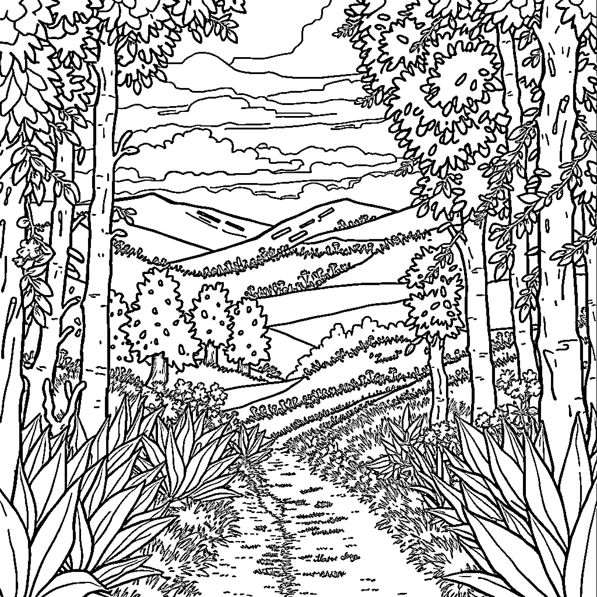 Skeleton of a Peaceful Nature Landscape Coloring Page (free black-and-white line drawing printable PDF for all, from beginners to advanced learners, including children, teens, adults, and seniors)