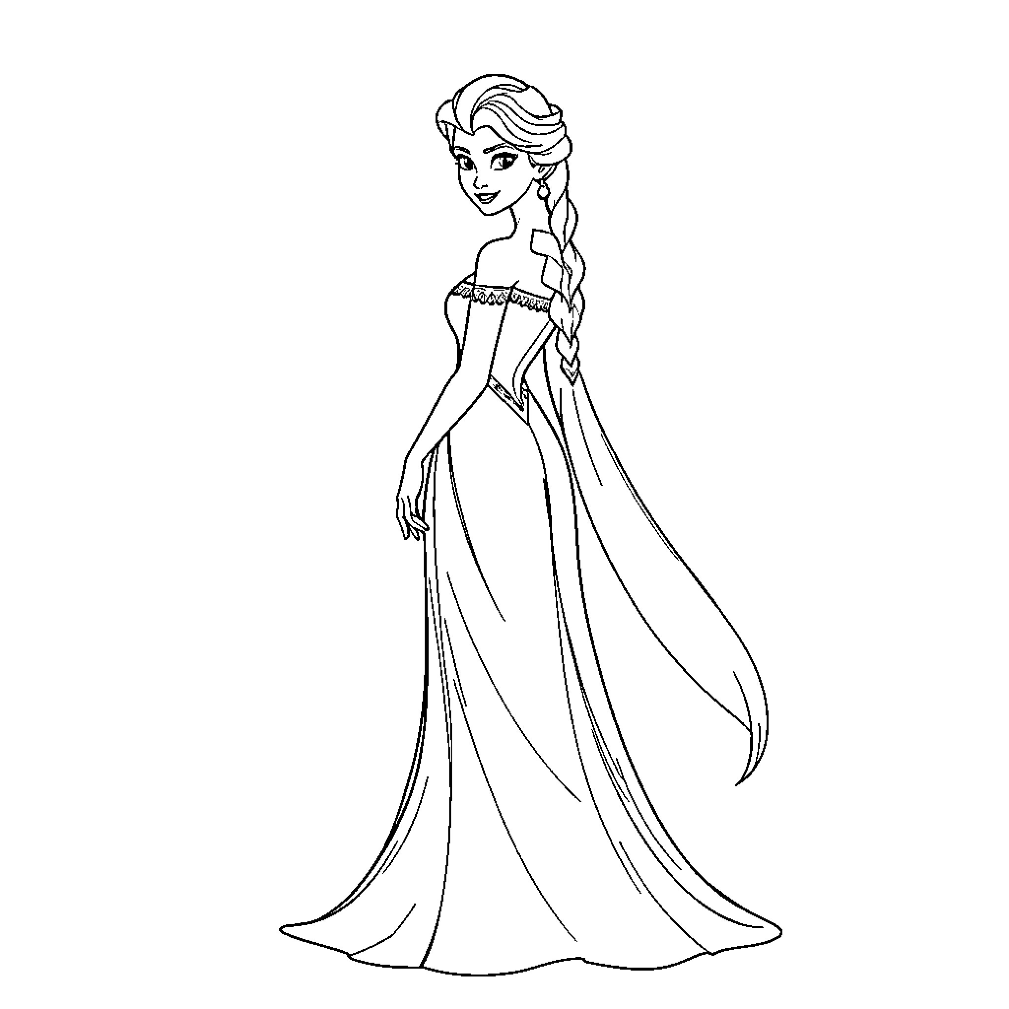 Elsa posing gracefully in a long flowing gown Coloring Page (free black-and-white line drawing printable PDF for all, from beginners to advanced learners, including children, teens, adults, and seniors)
