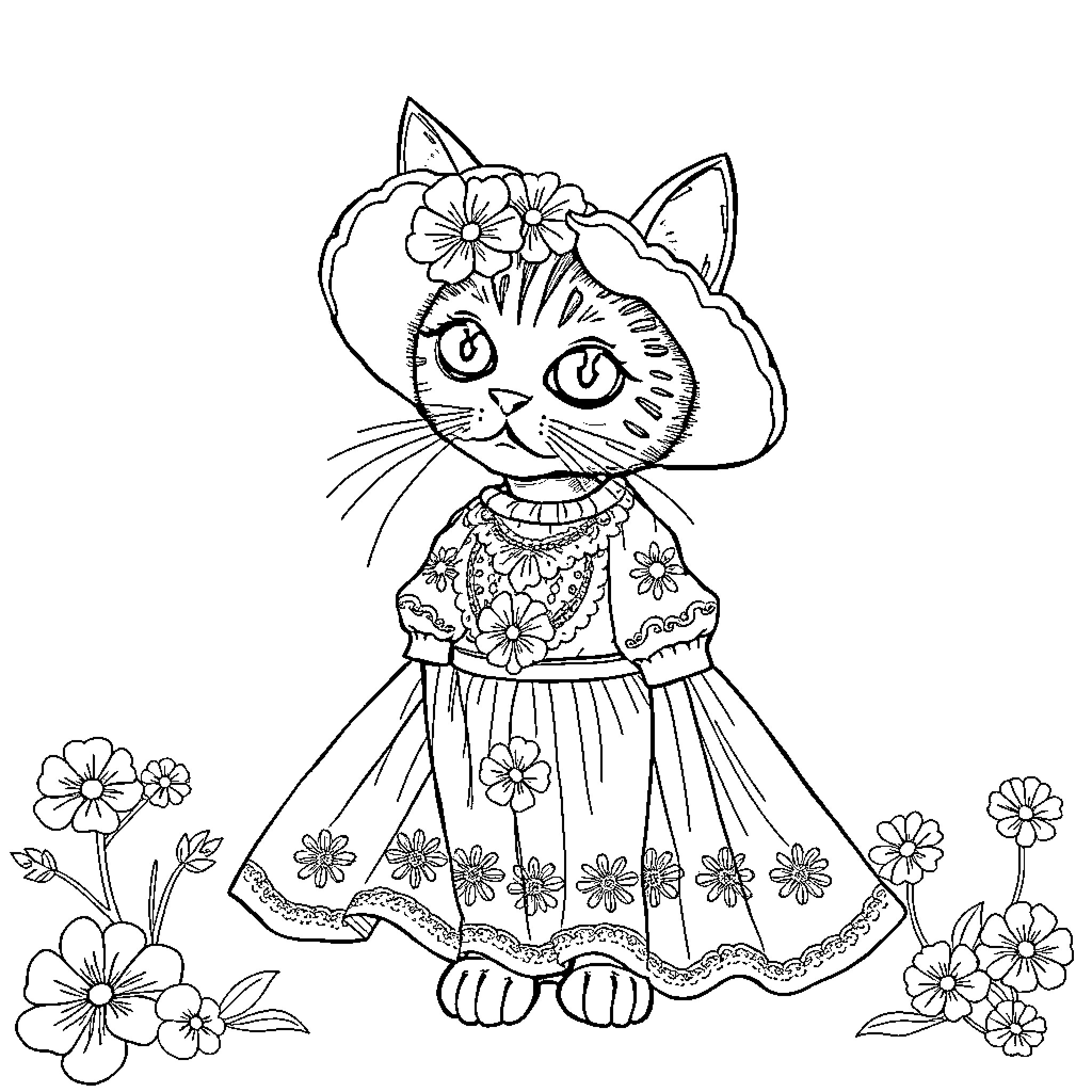 Catrina, the Cat with Floral Dress and Flower Headpiece Coloring Page (free black-and-white line drawing printable PDF for all, from beginners to advanced learners, including children, teens, adults, and seniors)