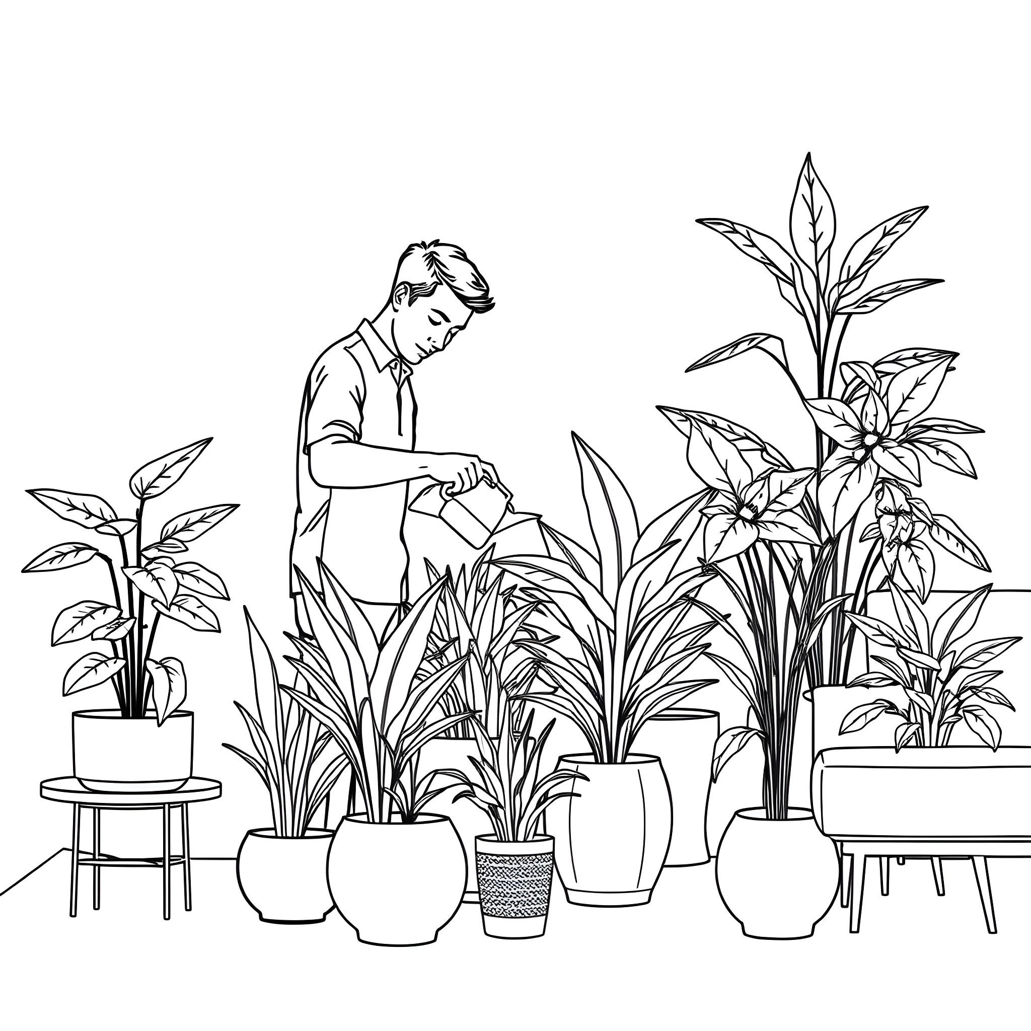 Man tending to houseplants in a greenhouse Coloring Page (free black-and-white line drawing printable PDF for all, from beginners to advanced learners, including children, teens, adults, and seniors)