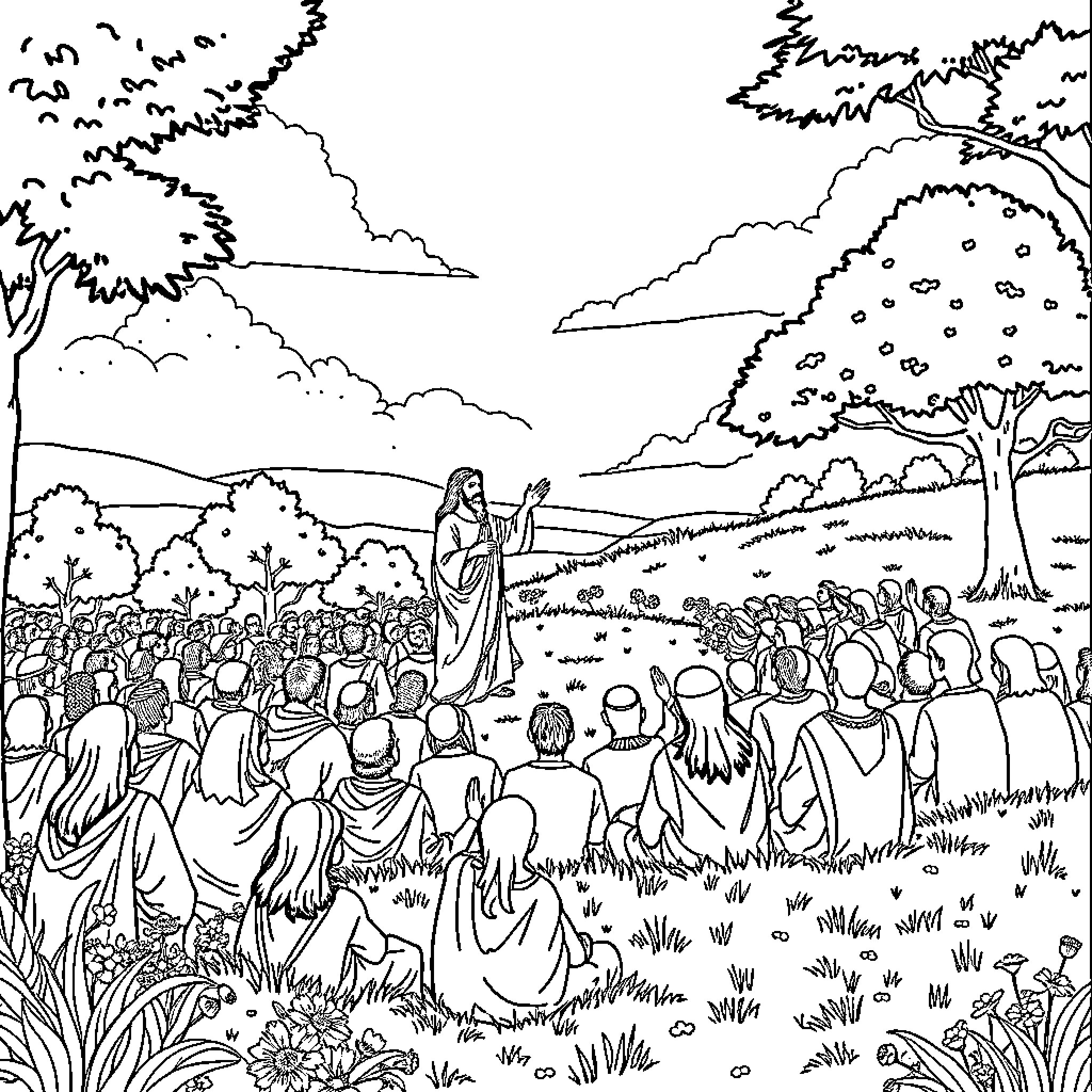 Jesus preaching to a large crowd in the wilderness Coloring Page (free black-and-white line drawing printable PDF for all, from beginners to advanced learners, including children, teens, adults, and seniors)
