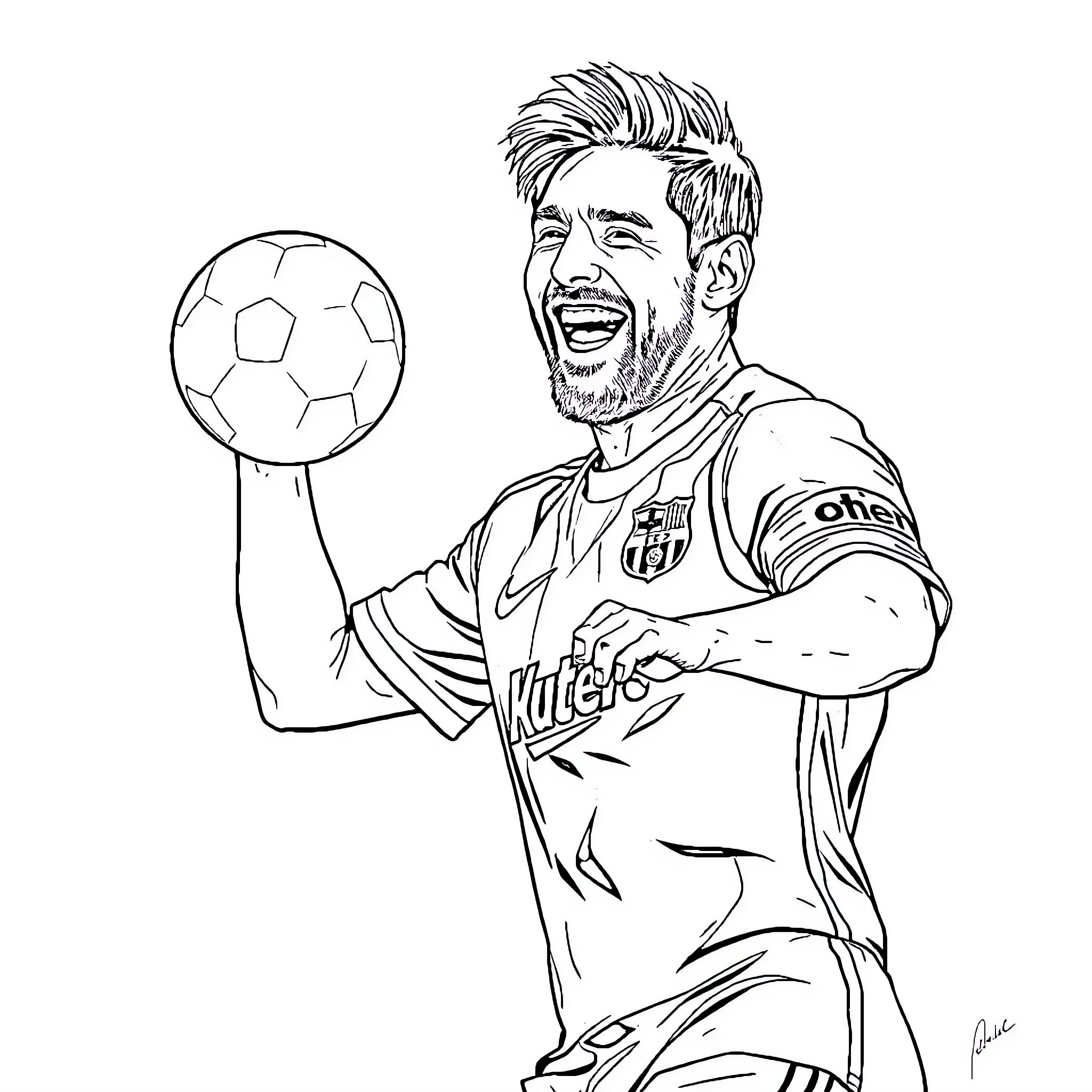 Messi celebrating victory with soccer ball Coloring Page (free black-and-white line drawing printable PDF for all, from beginners to advanced learners, including children, teens, adults, and seniors)