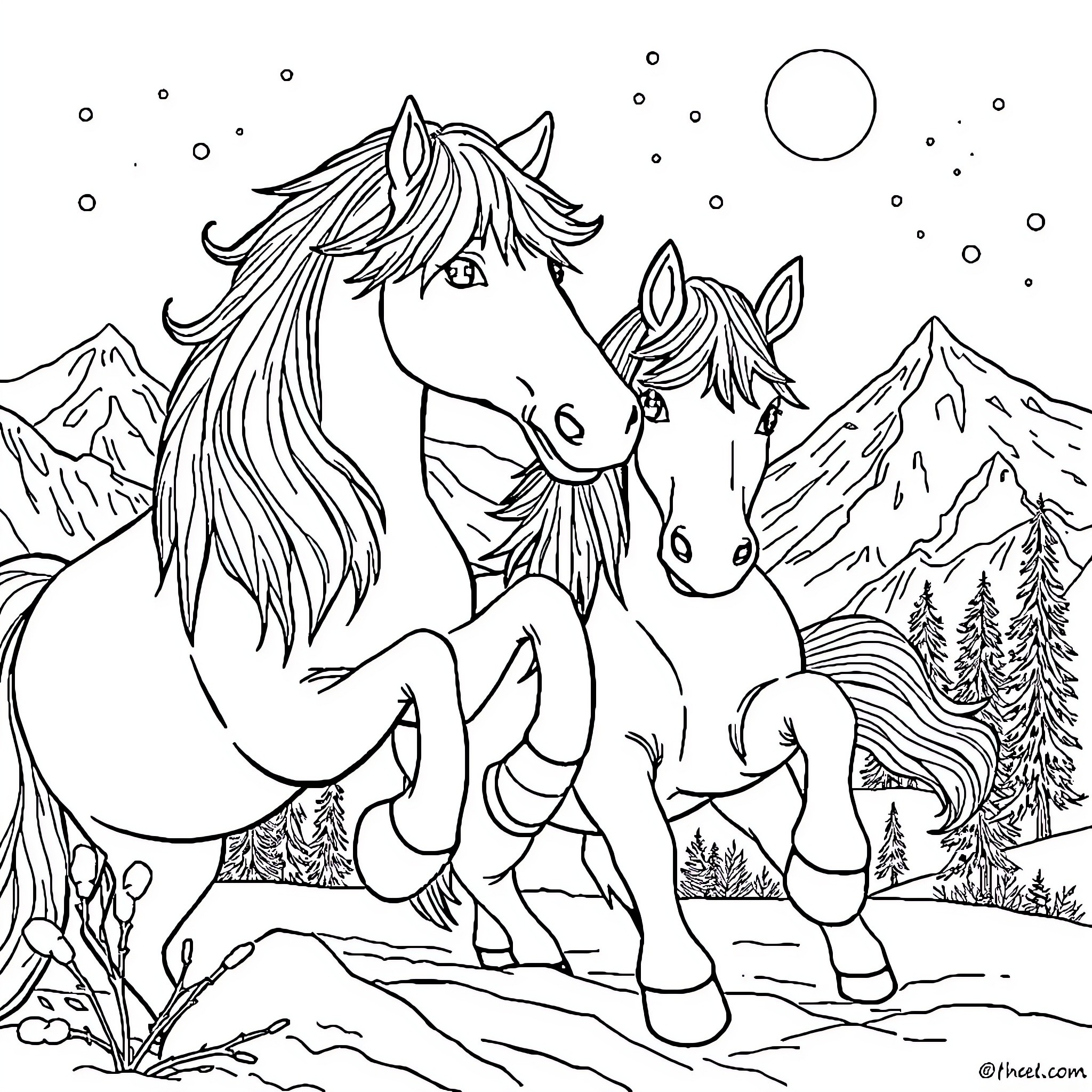 Snow Queen Horses Frolicking in Winter Wonderland Coloring Page (free black-and-white line drawing printable PDF for all, from beginners to advanced learners, including children, teens, adults, and seniors)