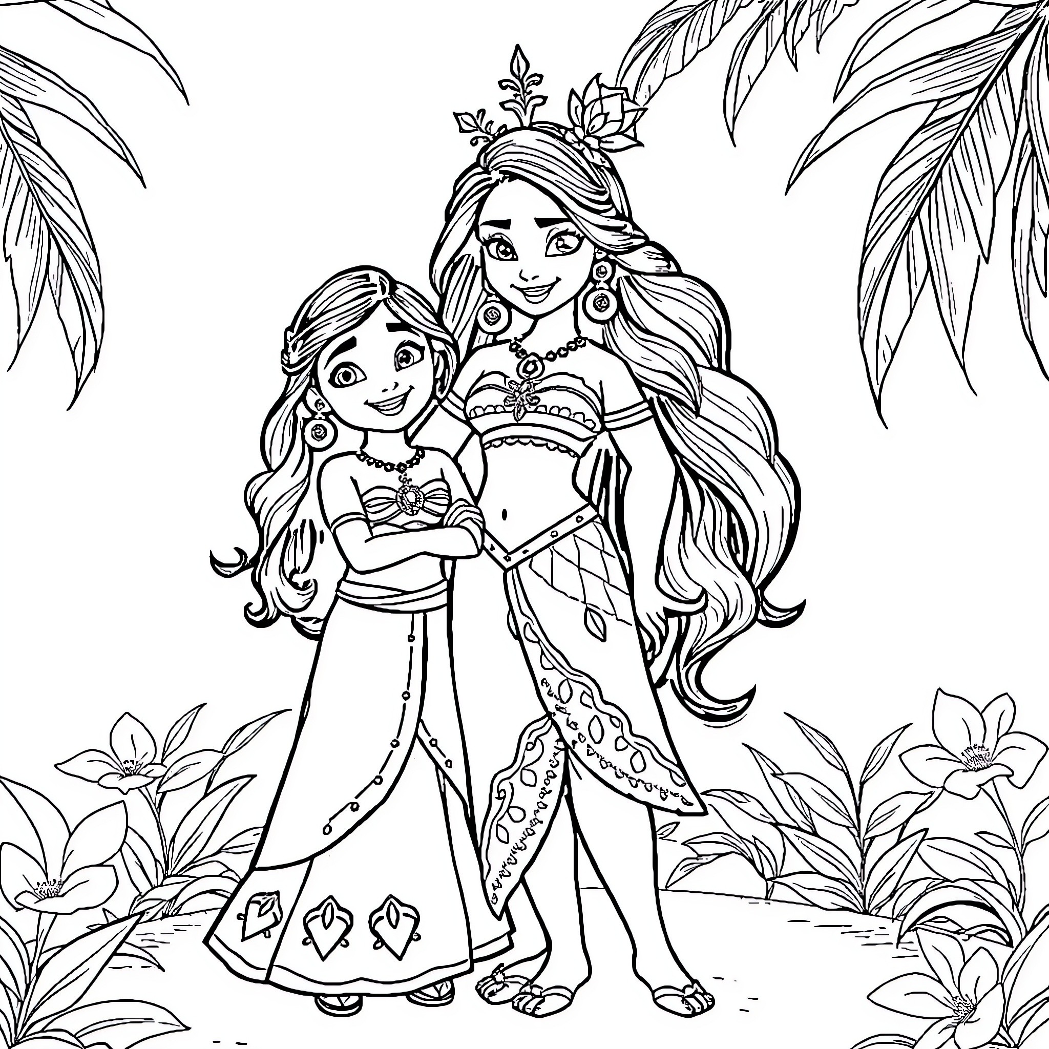 Vaiana and Moana in tropical paradise Coloring Page (free black-and-white line drawing printable PDF for all, from beginners to advanced learners, including children, teens, adults, and seniors)