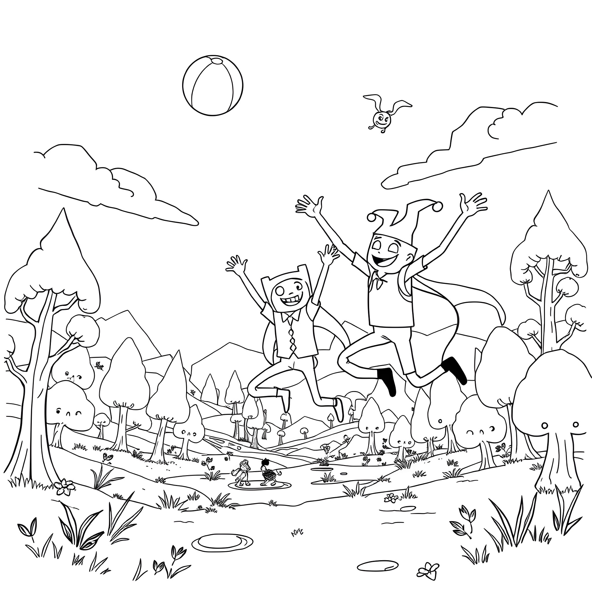 Joker characters playing in whimsical outdoor scene Coloring Page (free black-and-white line drawing printable PDF for all, from beginners to advanced learners, including children, teens, adults, and seniors)