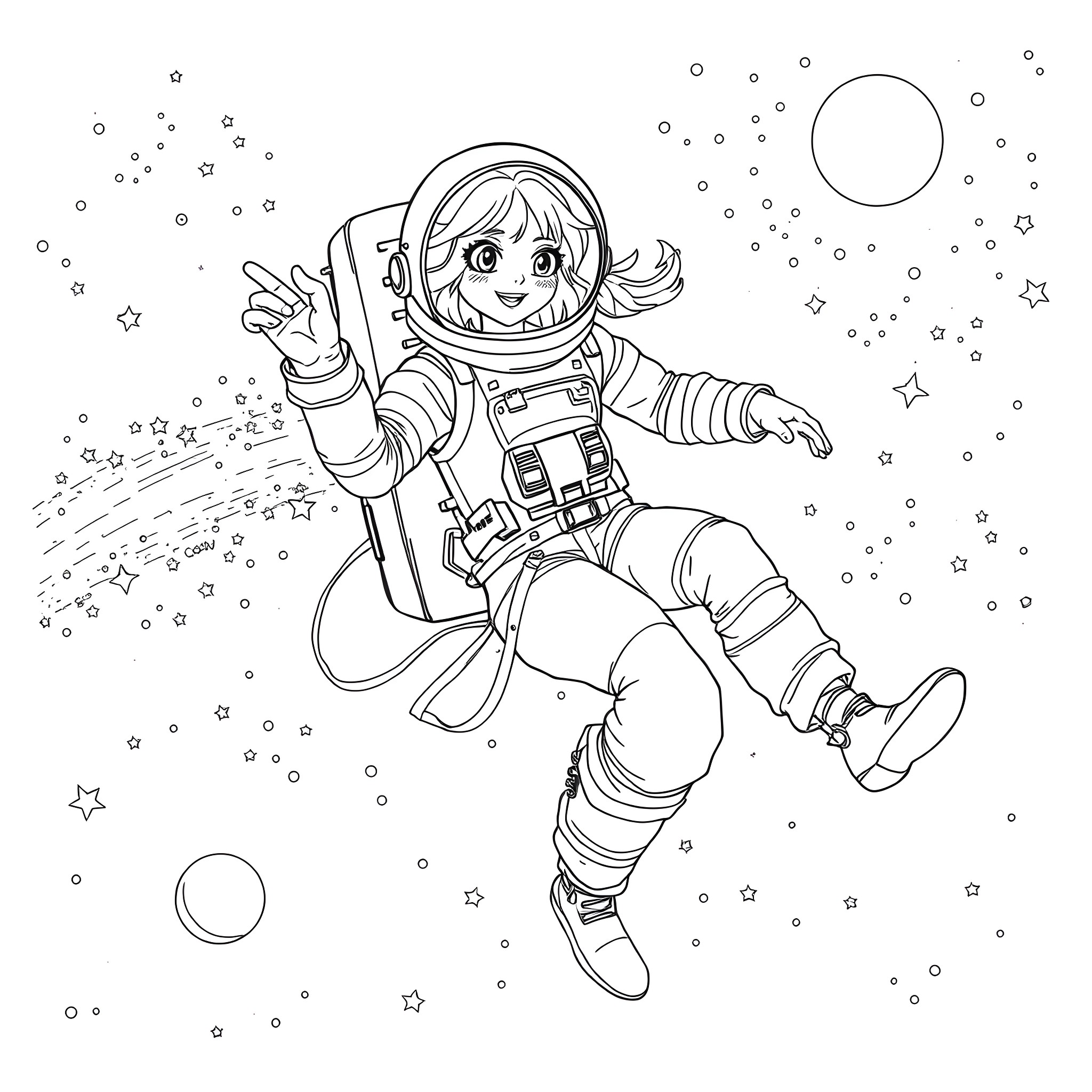 Teenage Girl Floating in Outer Space Coloring Page (free black-and-white line drawing printable PDF for all, from beginners to advanced learners, including children, teens, adults, and seniors)