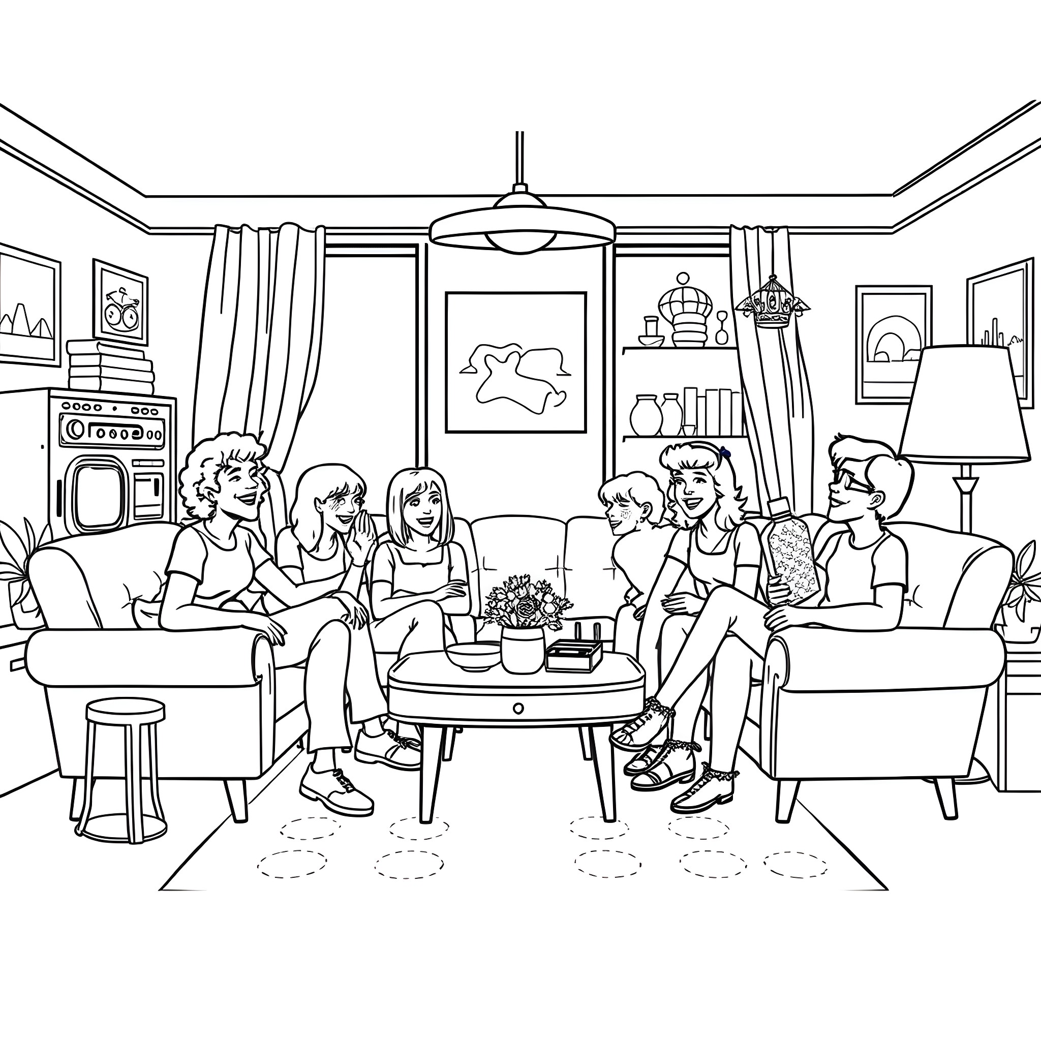 That 70s Show: Friends Gathered in the Living Room Coloring Page (free black-and-white line drawing printable PDF for all, from beginners to advanced learners, including children, teens, adults, and seniors)
