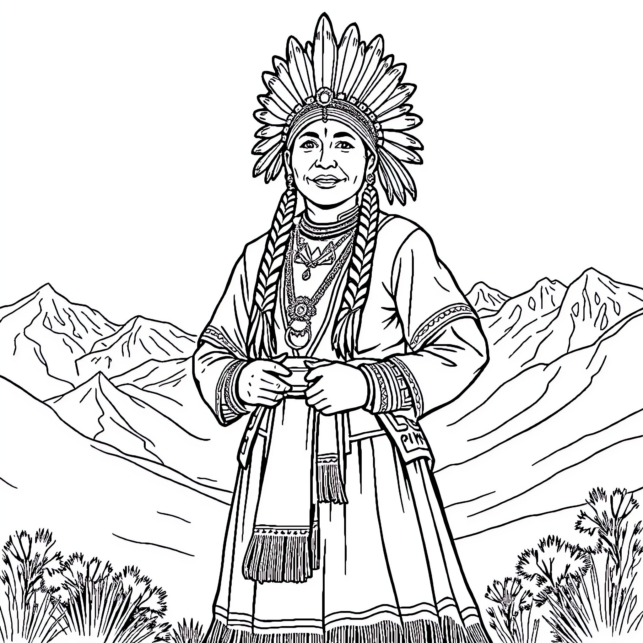 Inca Tribal Chief in Traditional Ceremonial Attire Coloring Page (free black-and-white line drawing printable PDF for all, from beginners to advanced learners, including children, teens, adults, and seniors)