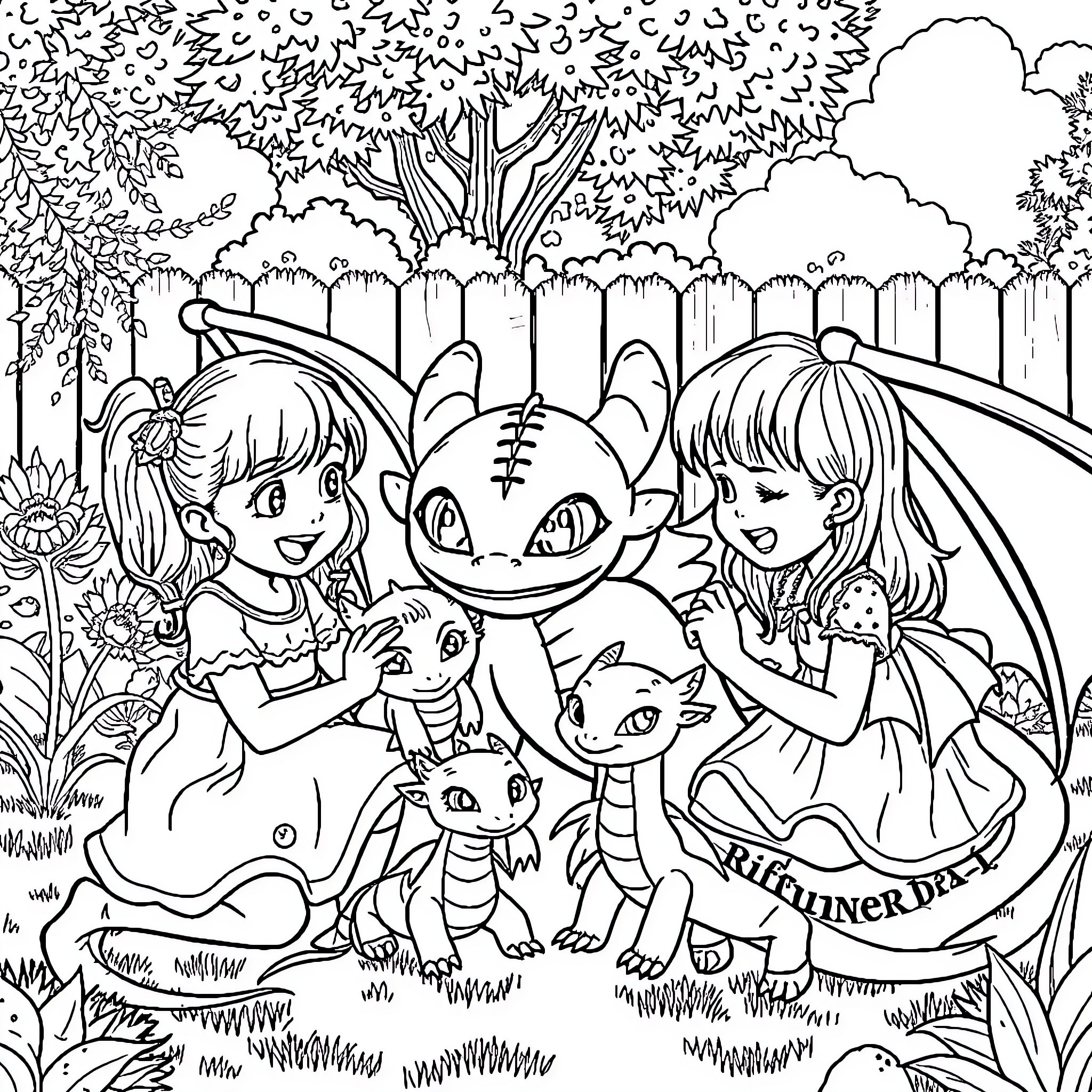 Girl playing with fantasy creatures in enchanted forest Coloring Page (free black-and-white line drawing printable PDF for all, from beginners to advanced learners, including children, teens, adults, and seniors)