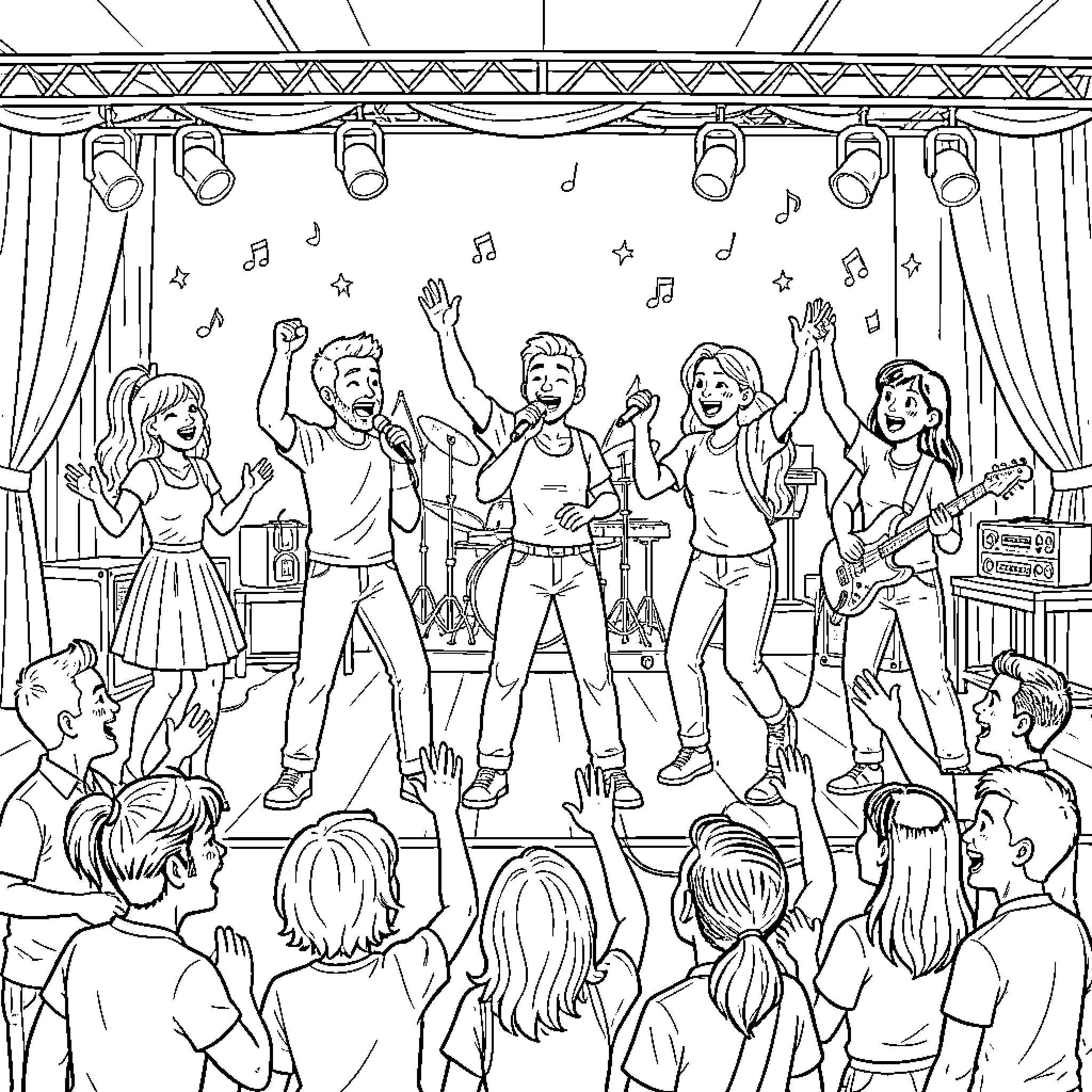Kpop idols performing energetically on stage for fans Coloring Page (free black-and-white line drawing printable PDF for all, from beginners to advanced learners, including children, teens, adults, and seniors)