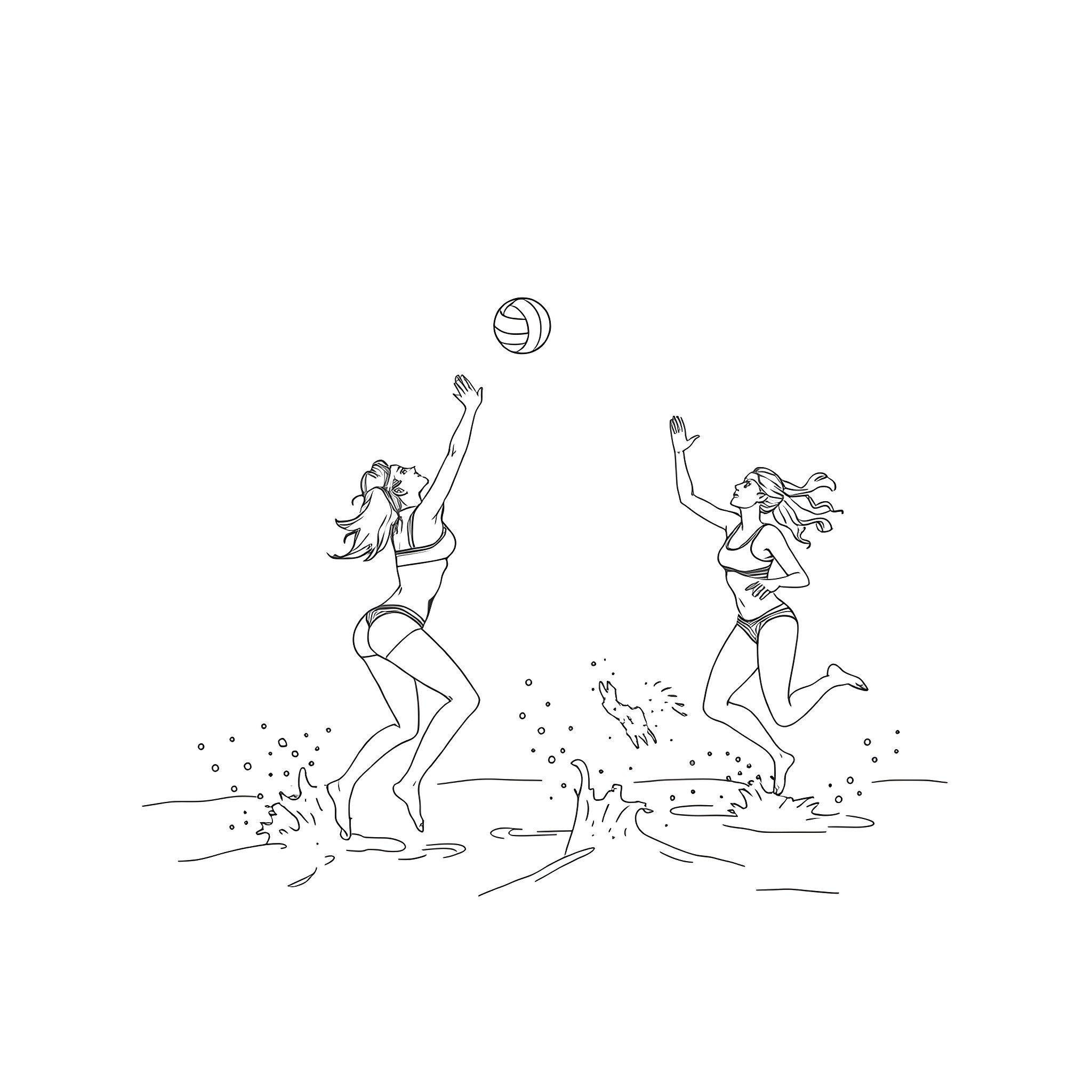 Women playing volleyball in the beach Coloring Page (free black-and-white line drawing printable PDF for all, from beginners to advanced learners, including children, teens, adults, and seniors)