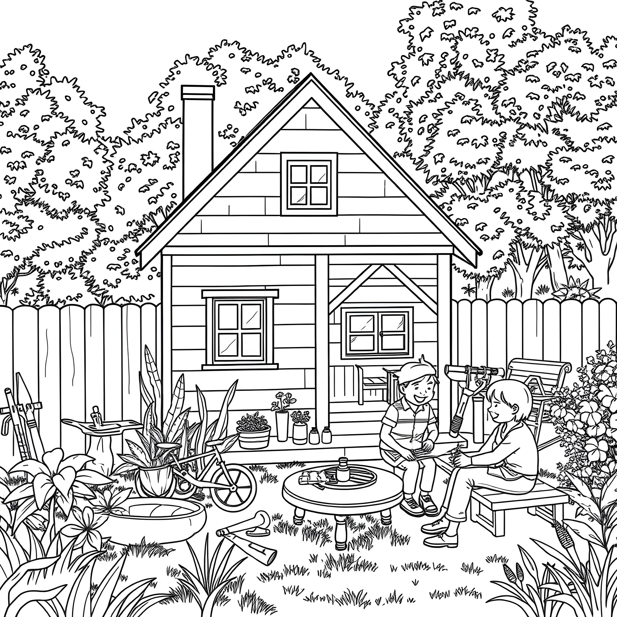Home with Children Playing in Backyard Garden Coloring Page (free black-and-white line drawing printable PDF for all, from beginners to advanced learners, including children, teens, adults, and seniors)