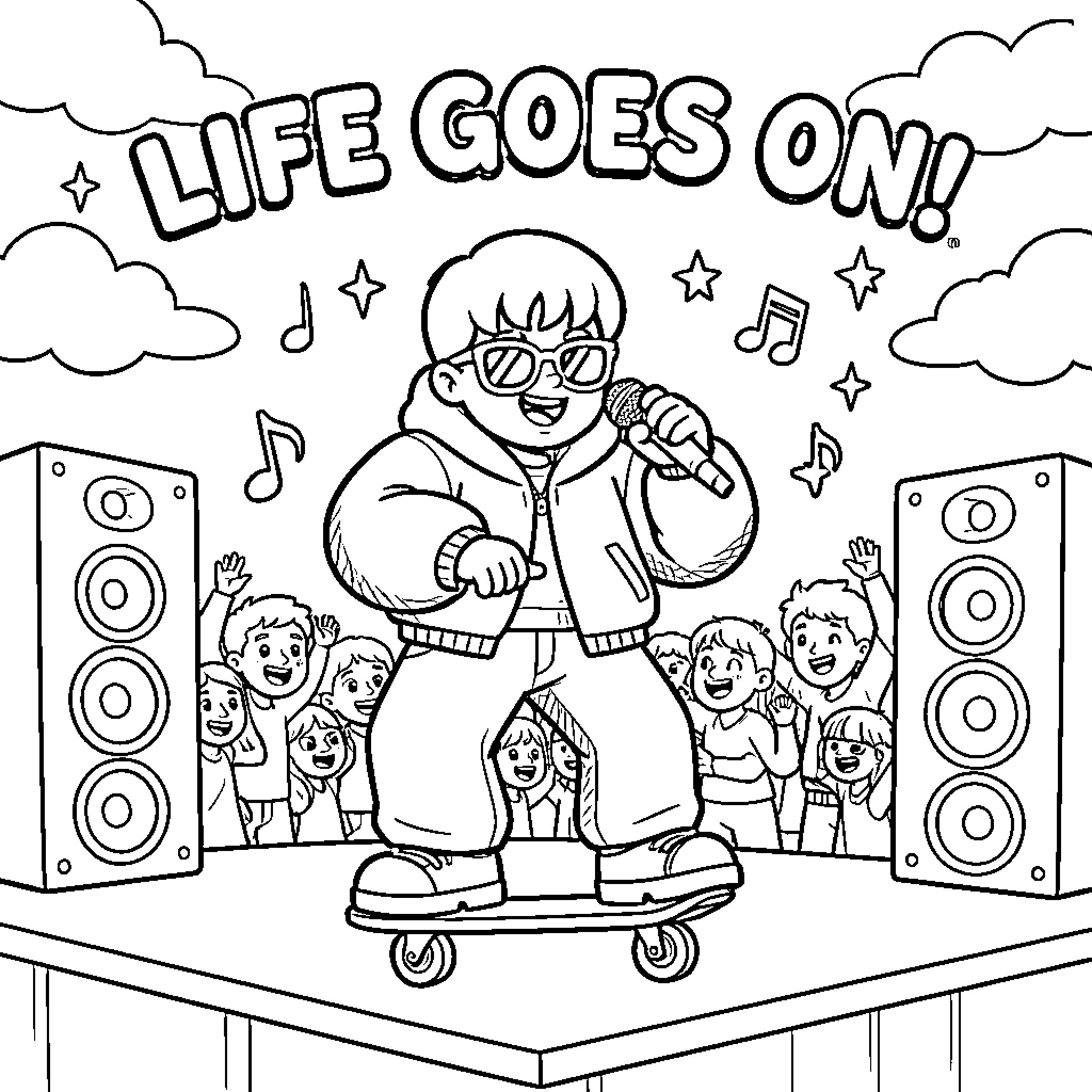 Musician performing on a skateboard before an enthusiastic crowd Coloring Page (free black-and-white line drawing printable PDF for all, from beginners to advanced learners, including children, teens, adults, and seniors)