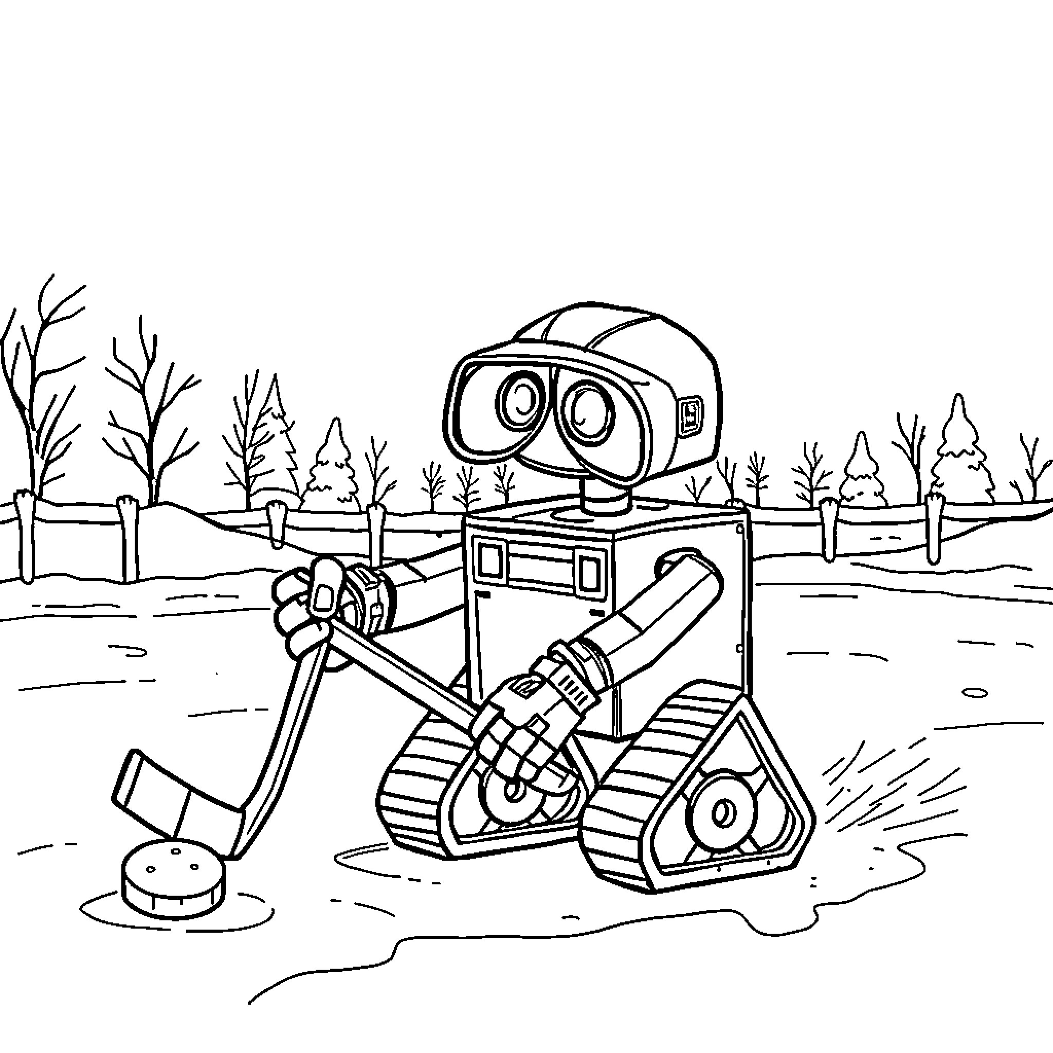 Wall-E exploring an outdoor landscape Coloring Page (free black-and-white line drawing printable PDF for all, from beginners to advanced learners, including children, teens, adults, and seniors)