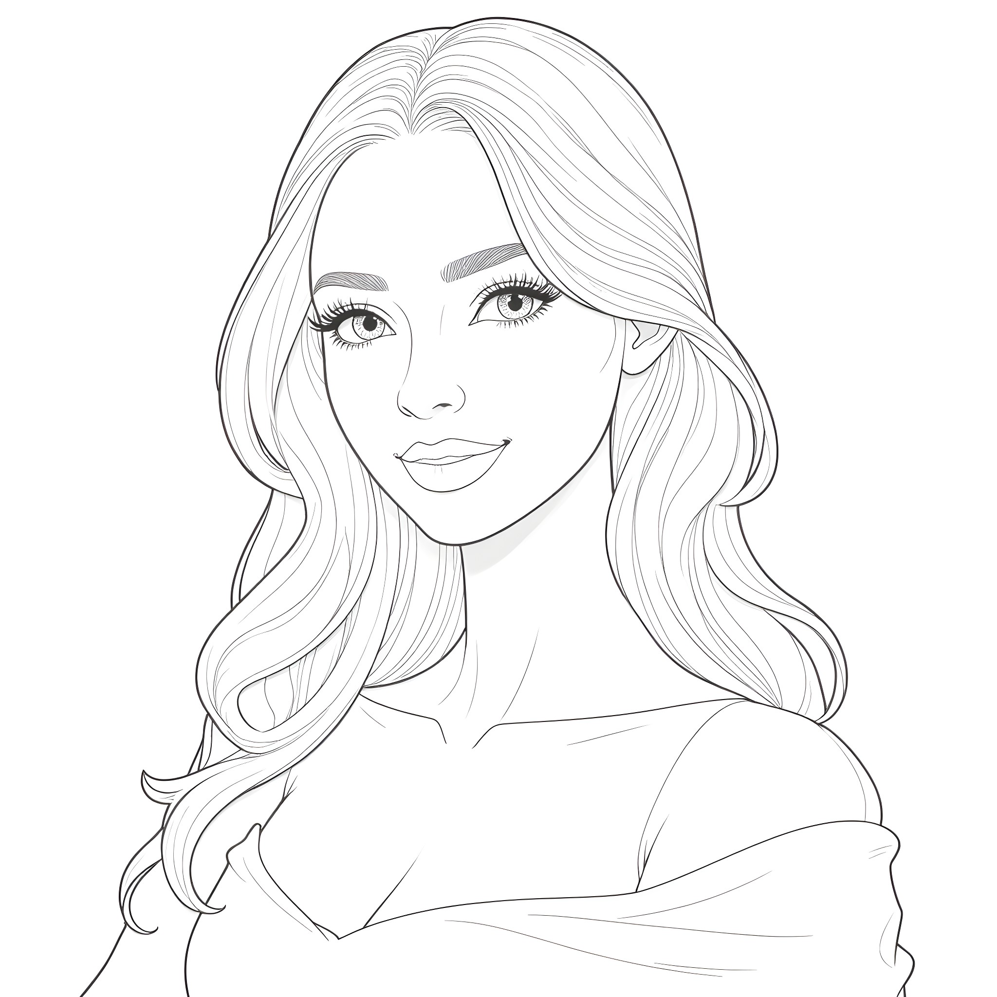 Woman with flowing hair and serene expression Coloring Page (free black-and-white line drawing printable PDF for all, from beginners to advanced learners, including children, teens, adults, and seniors)