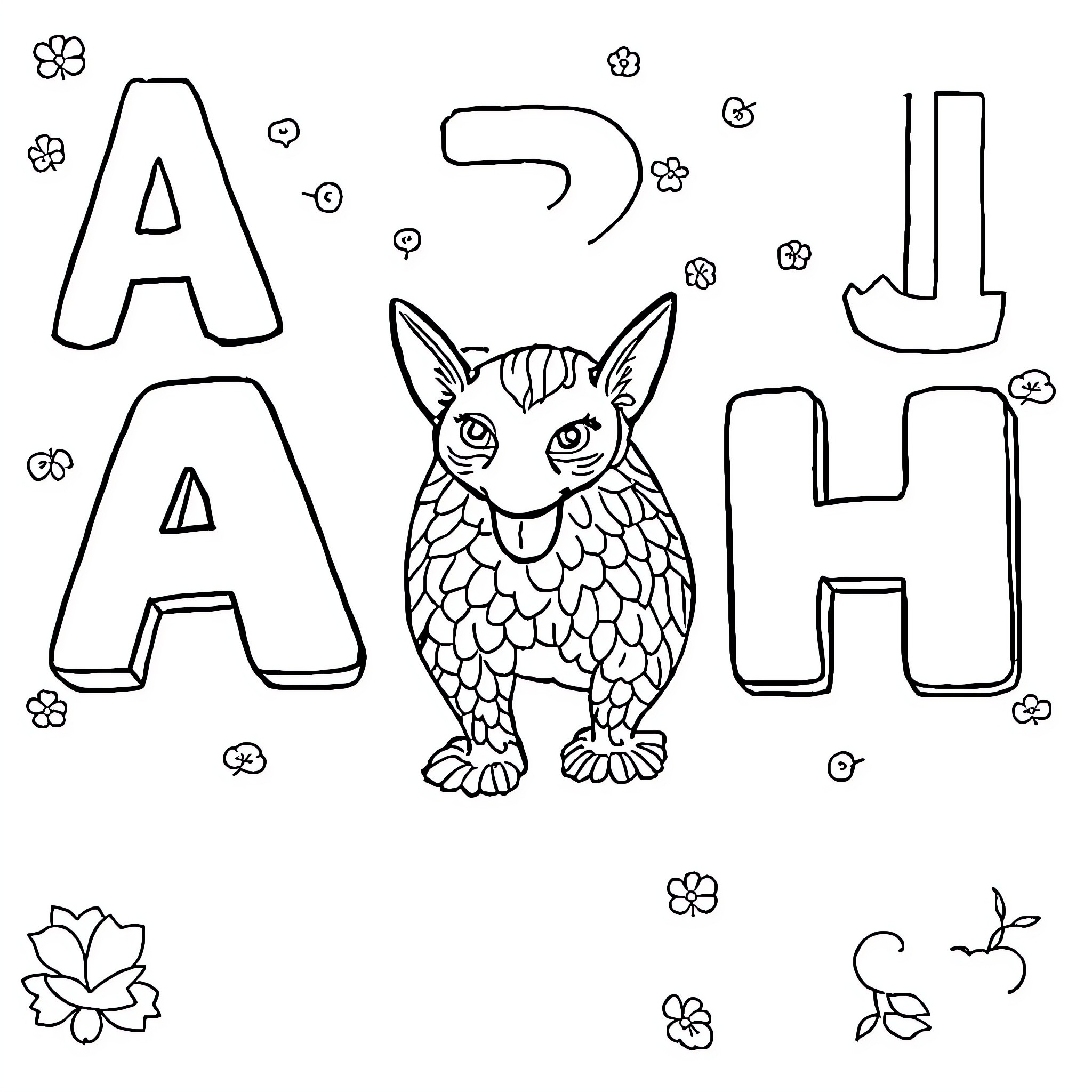 Vowel Alphabet Cat with Floral Decorations Coloring Page (free black-and-white line drawing printable PDF for all, from beginners to advanced learners, including children, teens, adults, and seniors)