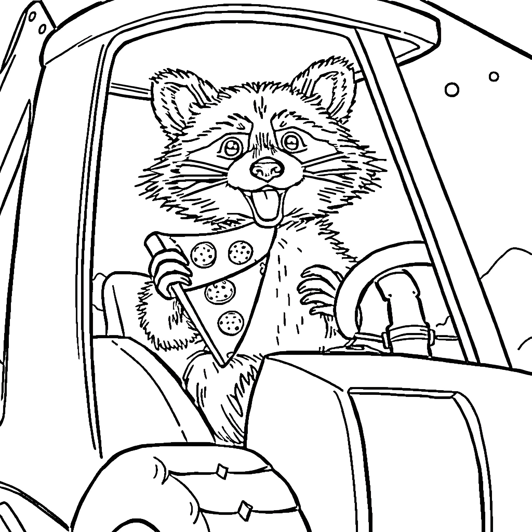 Raccoon driving a car and eating pizza Coloring Page (free black-and-white line drawing printable PDF for all, from beginners to advanced learners, including children, teens, adults, and seniors)