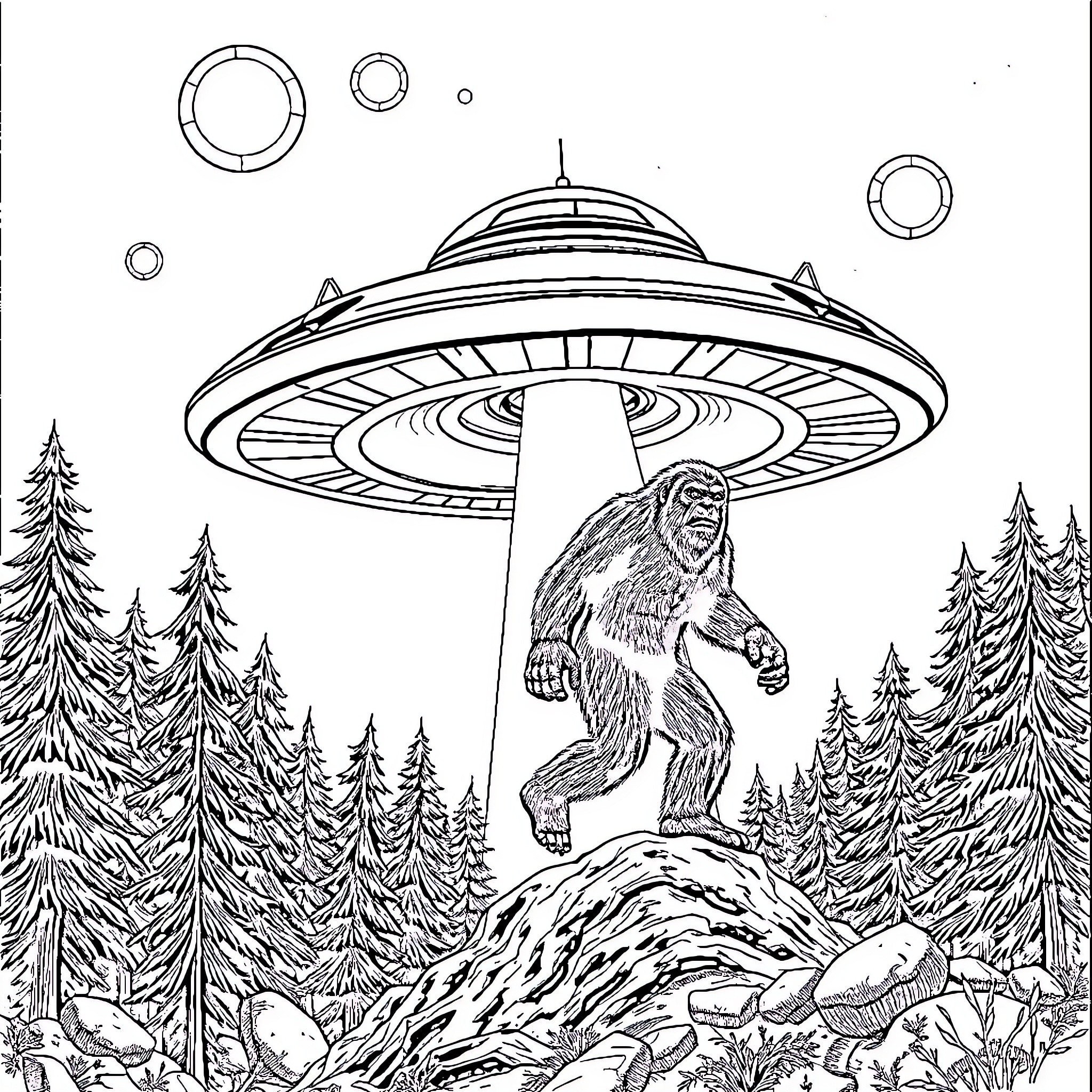 Alien Bigfoot encounters UFO in forest Coloring Page (free black-and-white line drawing printable PDF for all, from beginners to advanced learners, including children, teens, adults, and seniors)