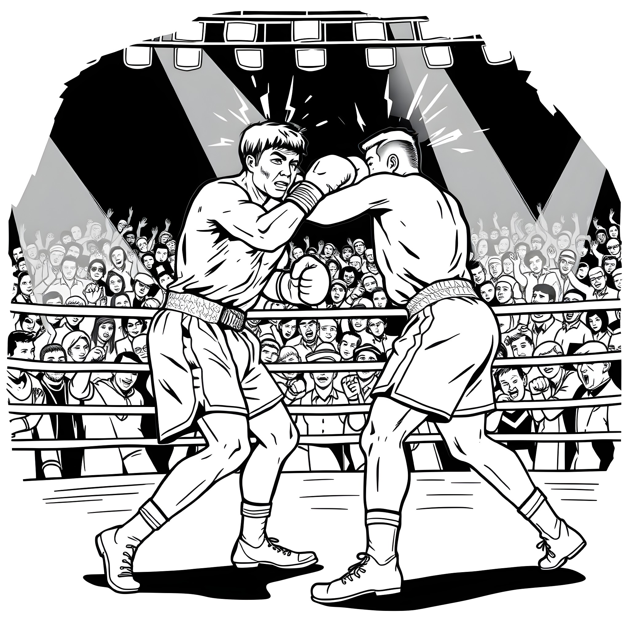 Boxer fighters in intense match in ring Coloring Page (free black-and-white line drawing printable PDF for all, from beginners to advanced learners, including children, teens, adults, and seniors)
