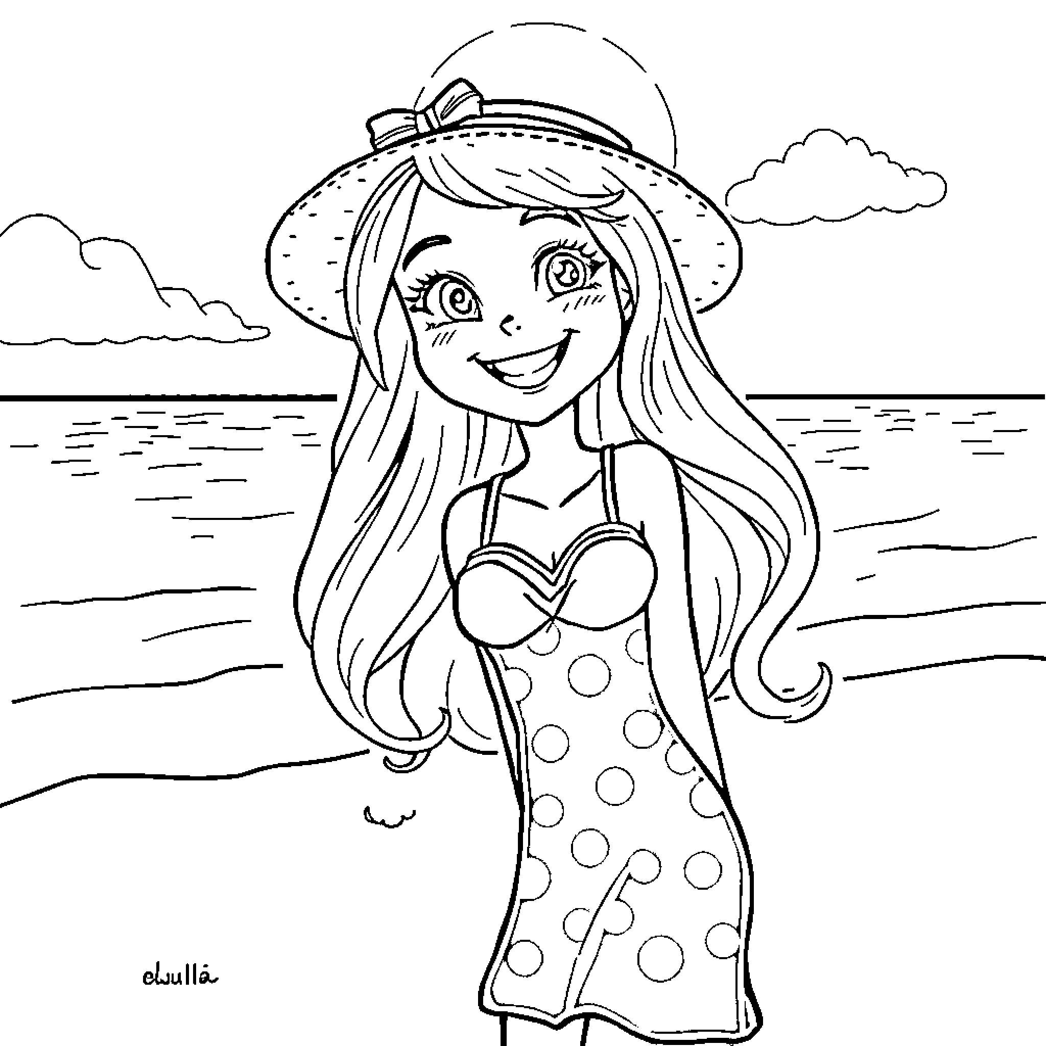 Lucy Heartfilia enjoying a sunny day at the beach Coloring Page (free black-and-white line drawing printable PDF for all, from beginners to advanced learners, including children, teens, adults, and seniors)