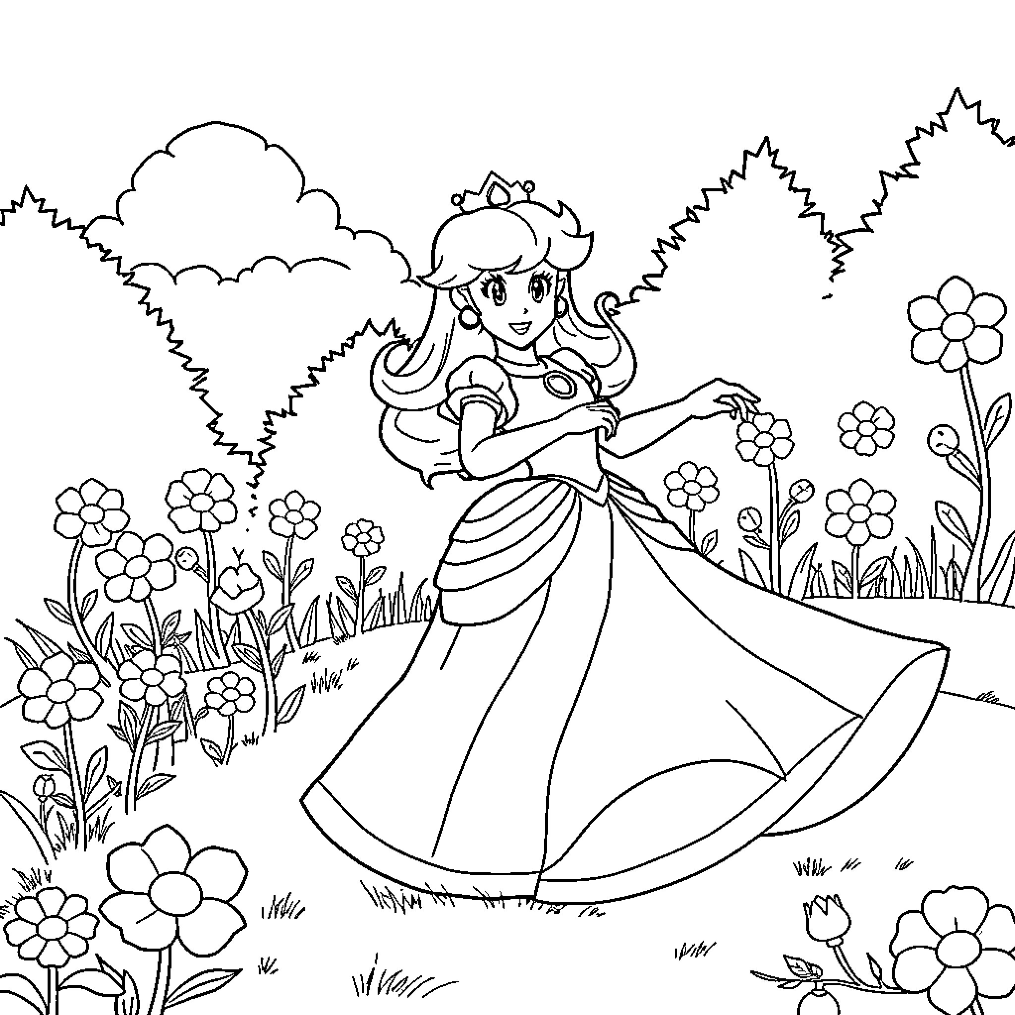 Princess Peach enjoying a flowery meadow Coloring Page (free black-and-white line drawing printable PDF for all, from beginners to advanced learners, including children, teens, adults, and seniors)