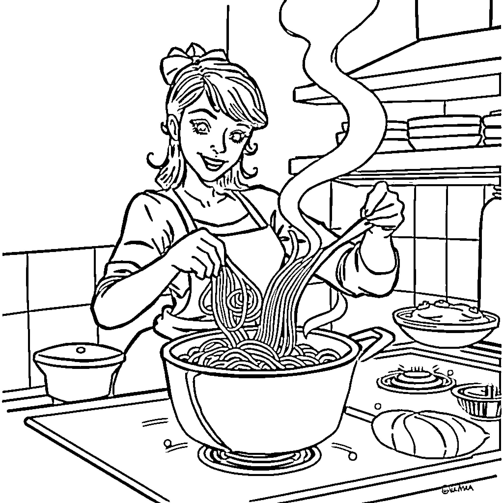Miss Rachel cooking a delicious meal in the kitchen Coloring Page (free black-and-white line drawing printable PDF for all, from beginners to advanced learners, including children, teens, adults, and seniors)