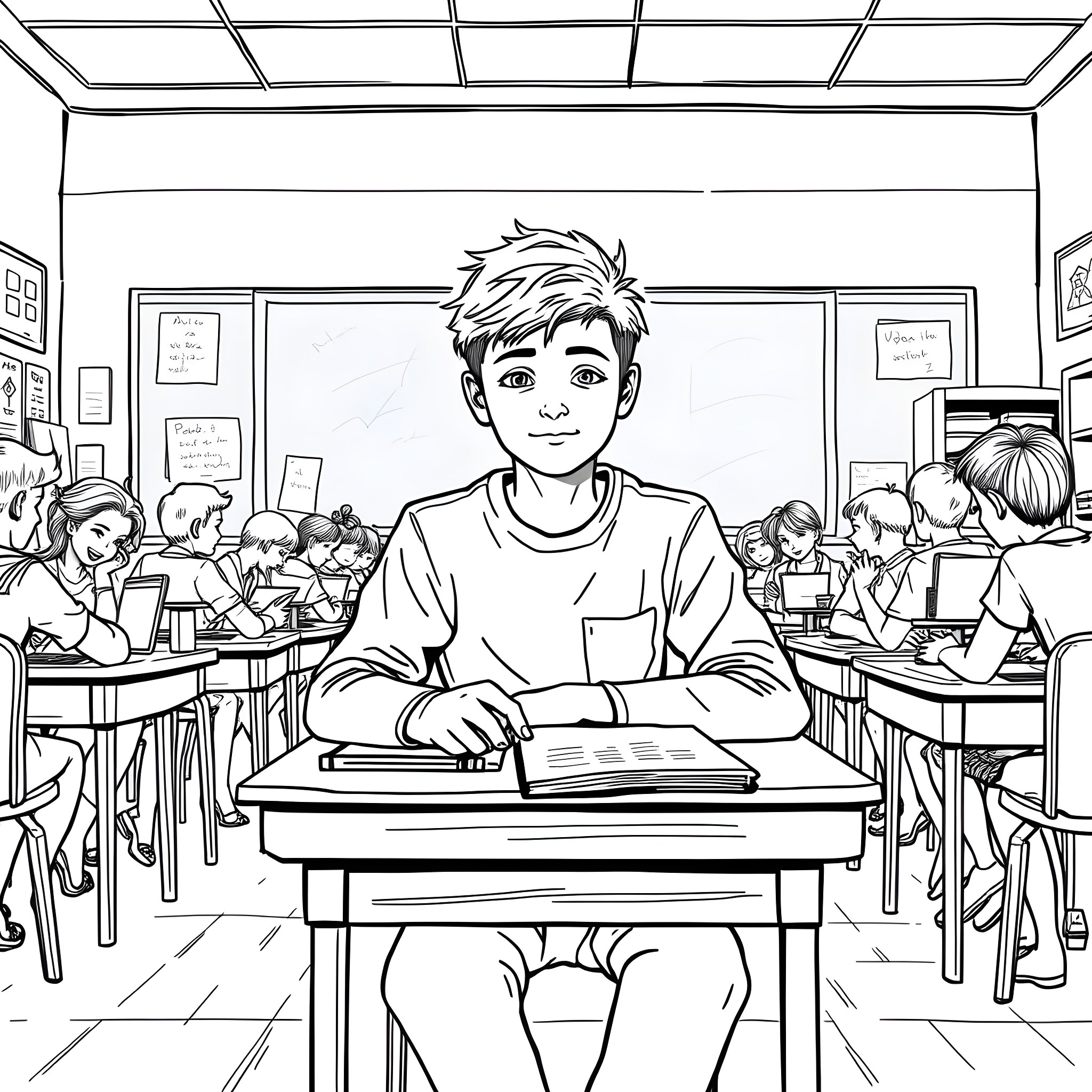 Teen Boy Studying Diligently in Classroom Coloring Page (free black-and-white line drawing printable PDF for all, from beginners to advanced learners, including children, teens, adults, and seniors)