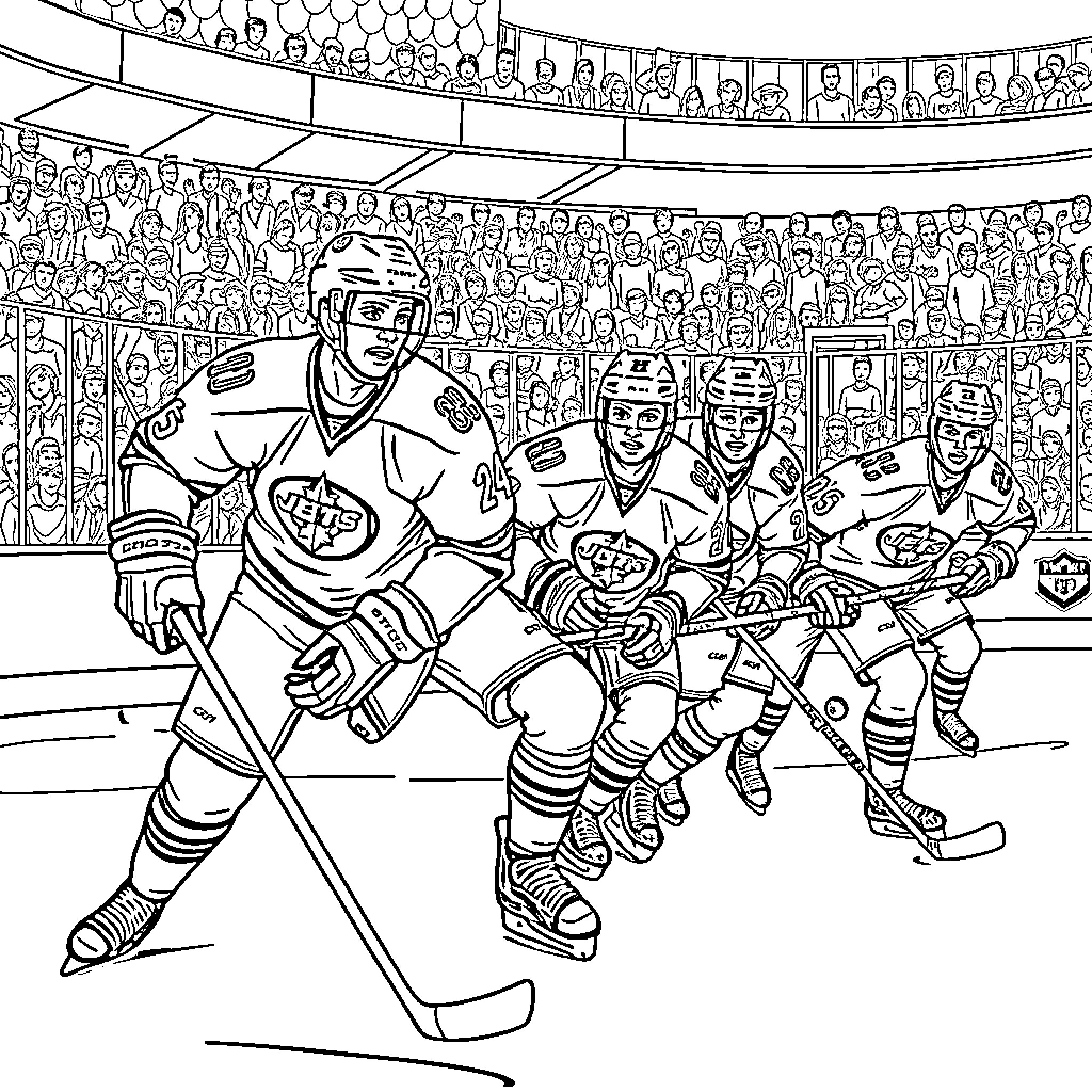 Winnipeg Jets hockey players in action on the ice Coloring Page (free black-and-white line drawing printable PDF for all, from beginners to advanced learners, including children, teens, adults, and seniors)