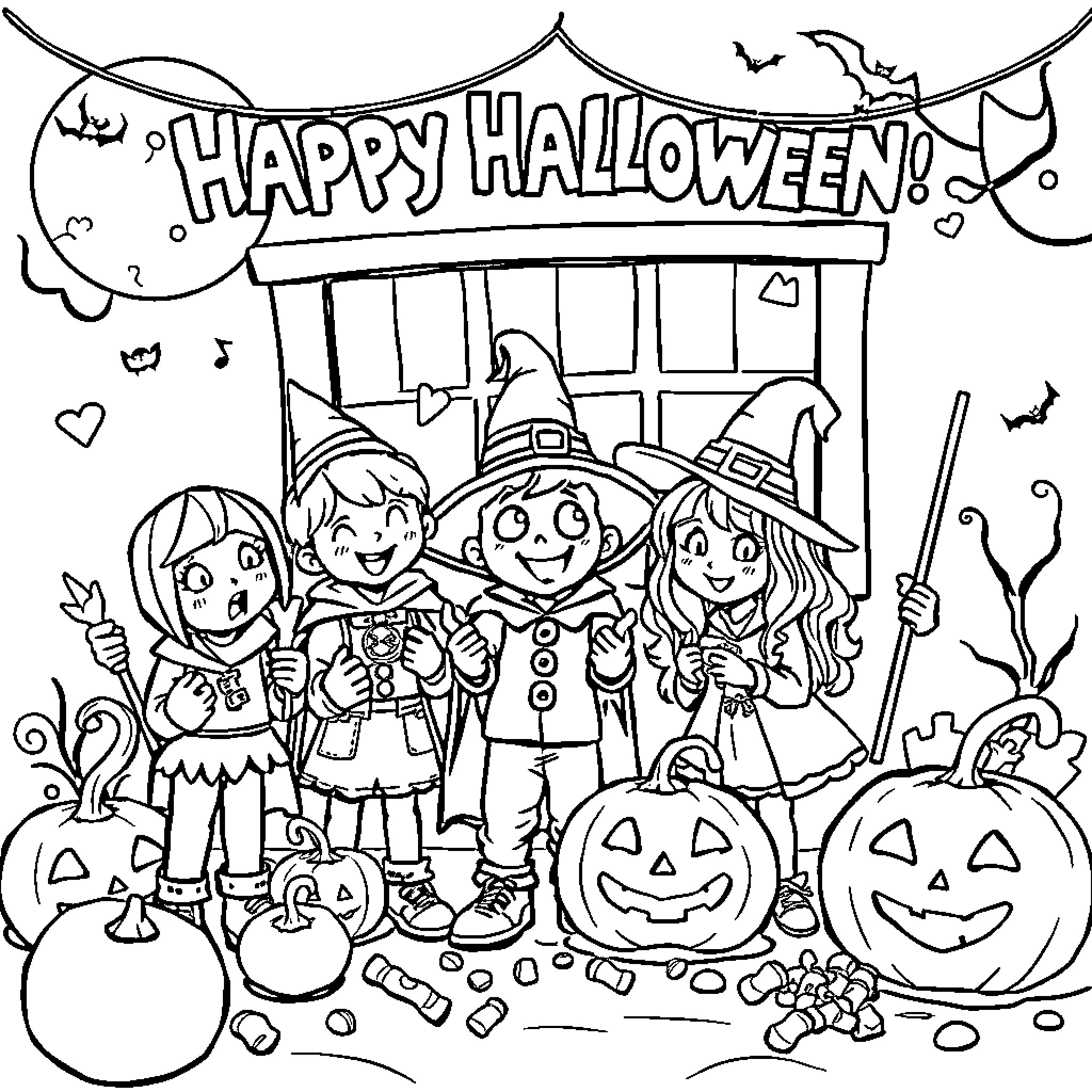 Halloween Party with Costumed Characters Coloring Page (free black-and-white line drawing printable PDF for all, from beginners to advanced learners, including children, teens, adults, and seniors)