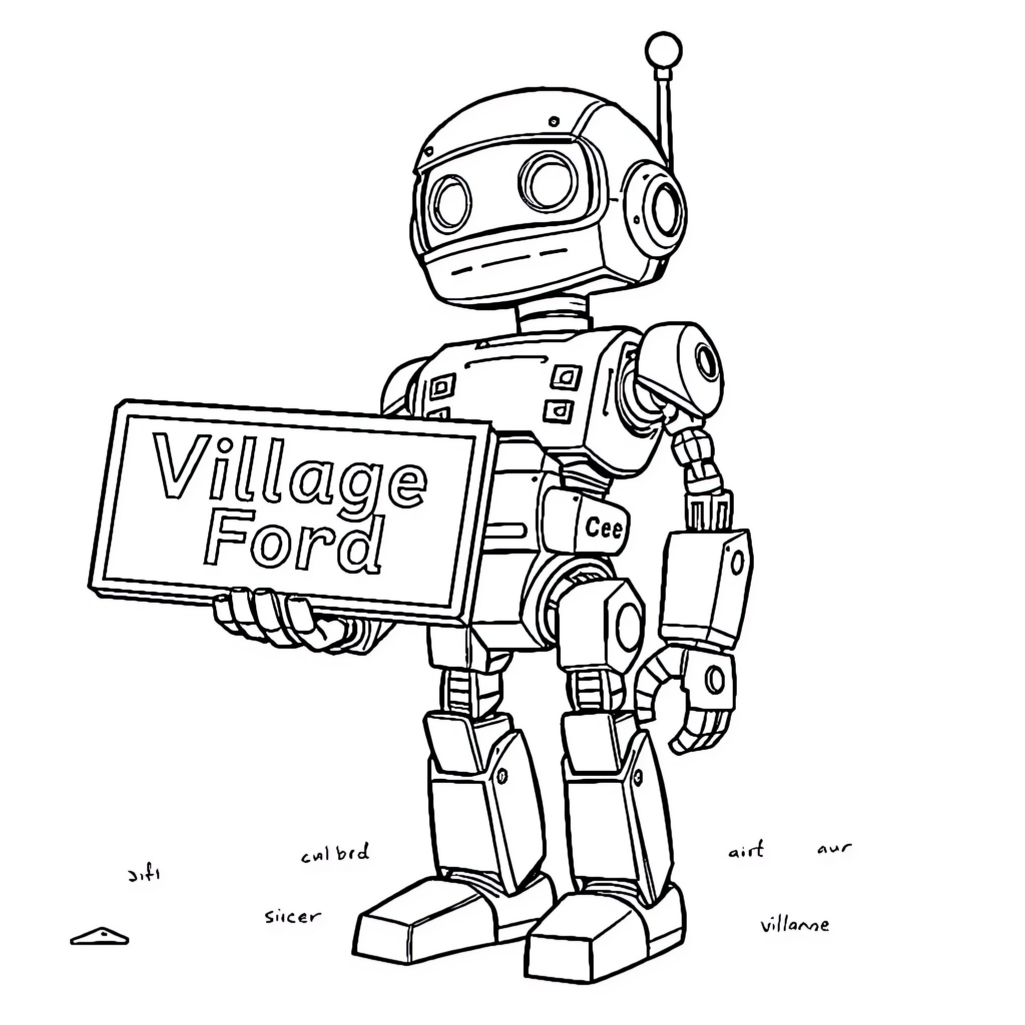 Robot Carrying Village Ford Sign Coloring Page (free black-and-white line drawing printable PDF for all, from beginners to advanced learners, including children, teens, adults, and seniors)