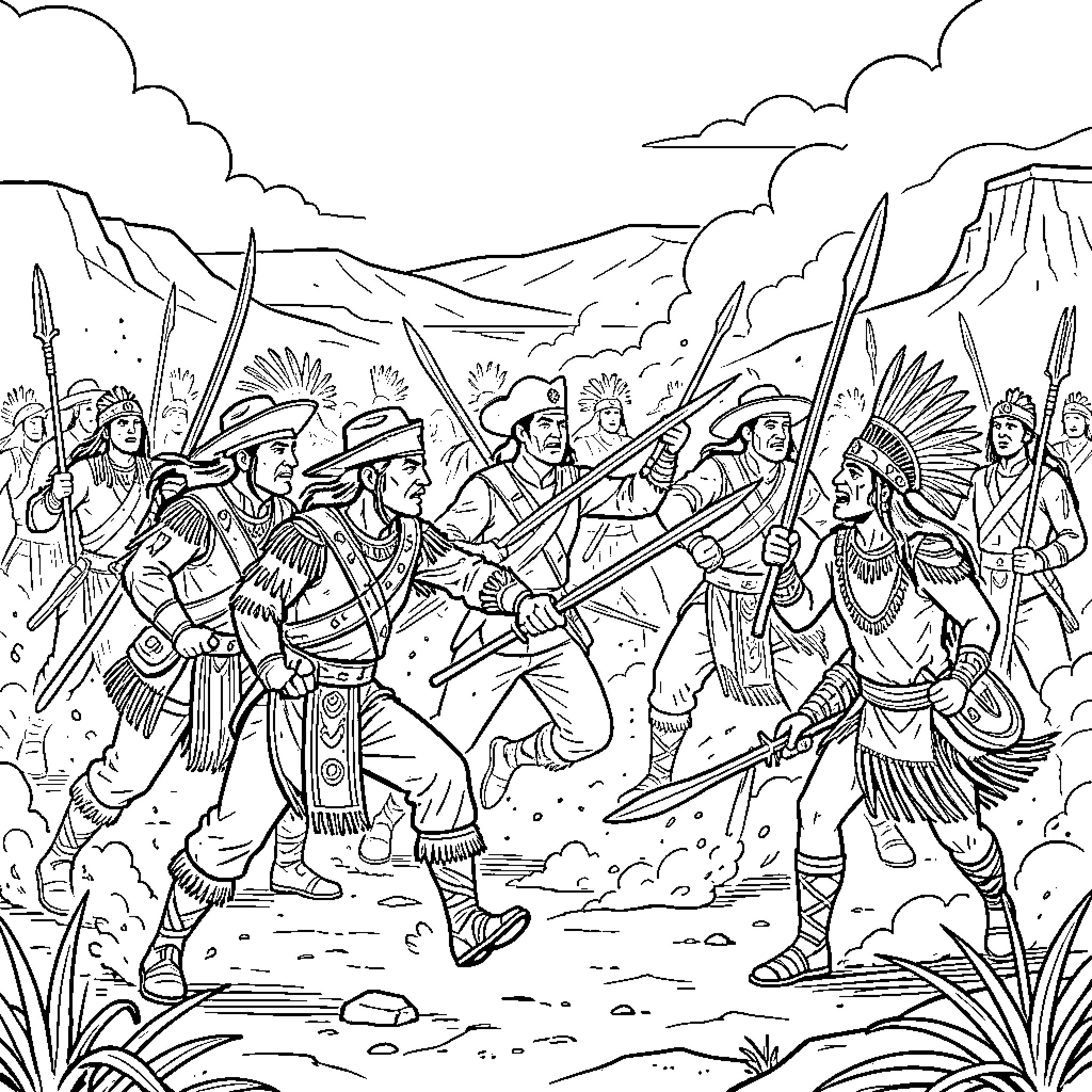 Españoles in a historical battle scene Coloring Page (free black-and-white line drawing printable PDF for all, from beginners to advanced learners, including children, teens, adults, and seniors)