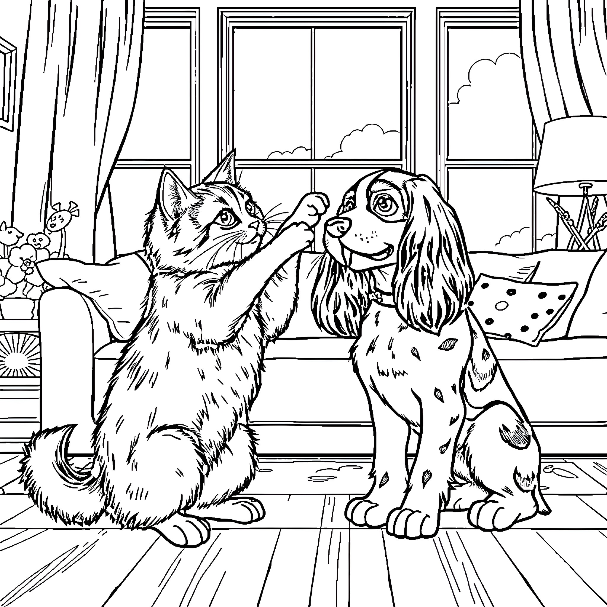 Cat and Dog Playing Together in the Living Room Coloring Page (free black-and-white line drawing printable PDF for all, from beginners to advanced learners, including children, teens, adults, and seniors)