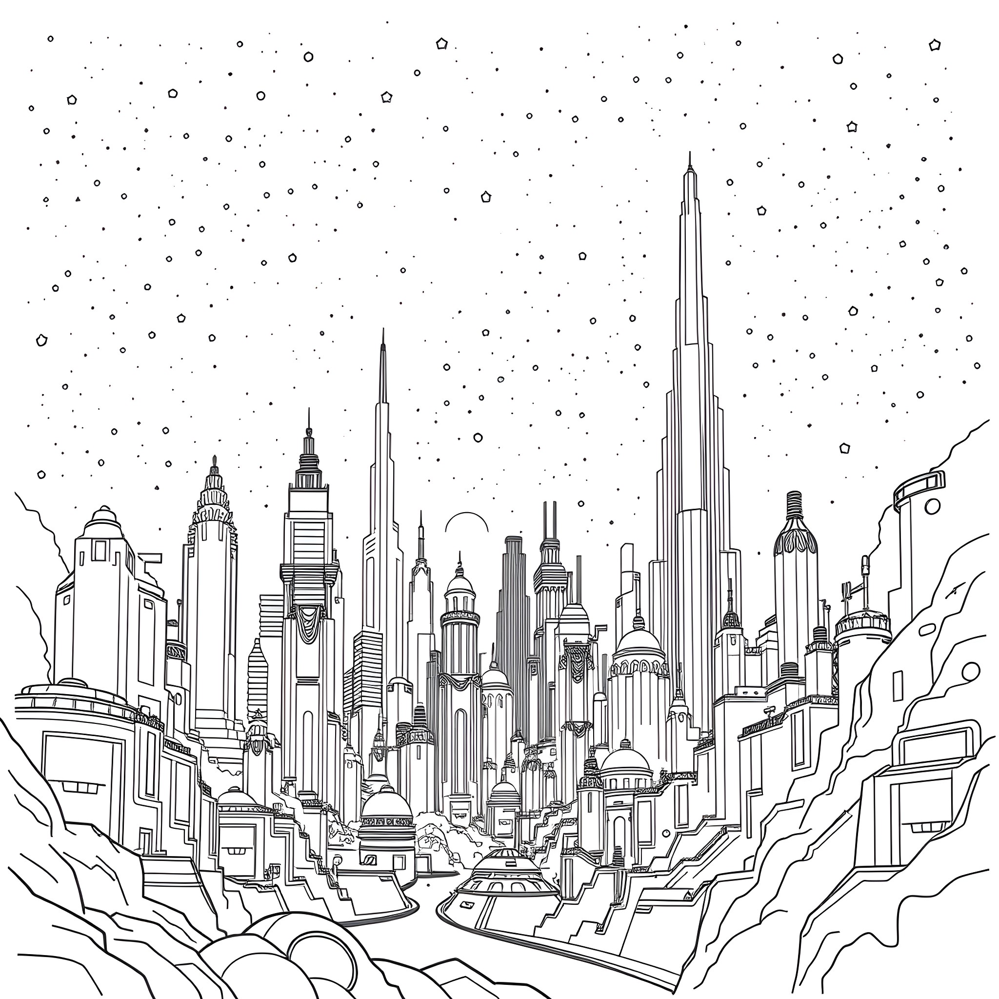 City skyline with tall skyscrapers and snow-like patterns Coloring Page (free black-and-white line drawing printable PDF for all, from beginners to advanced learners, including children, teens, adults, and seniors)