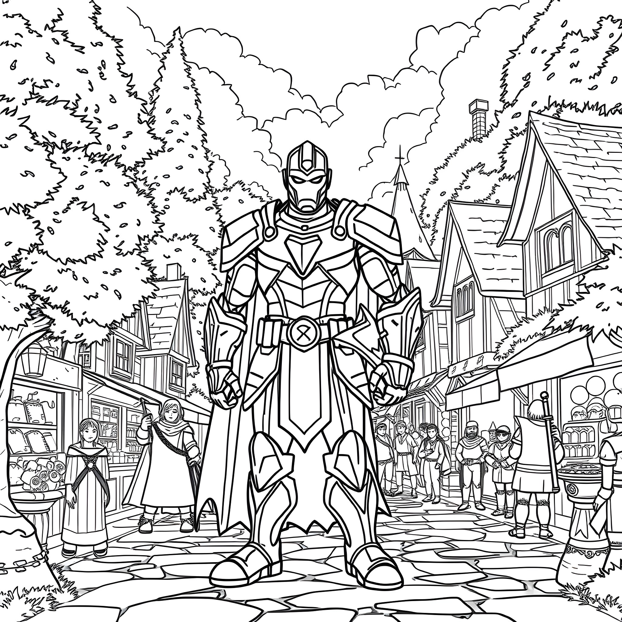Ultimate Ironman Stands Tall Amid a Bustling Town Coloring Page (free black-and-white line drawing printable PDF for all, from beginners to advanced learners, including children, teens, adults, and seniors)