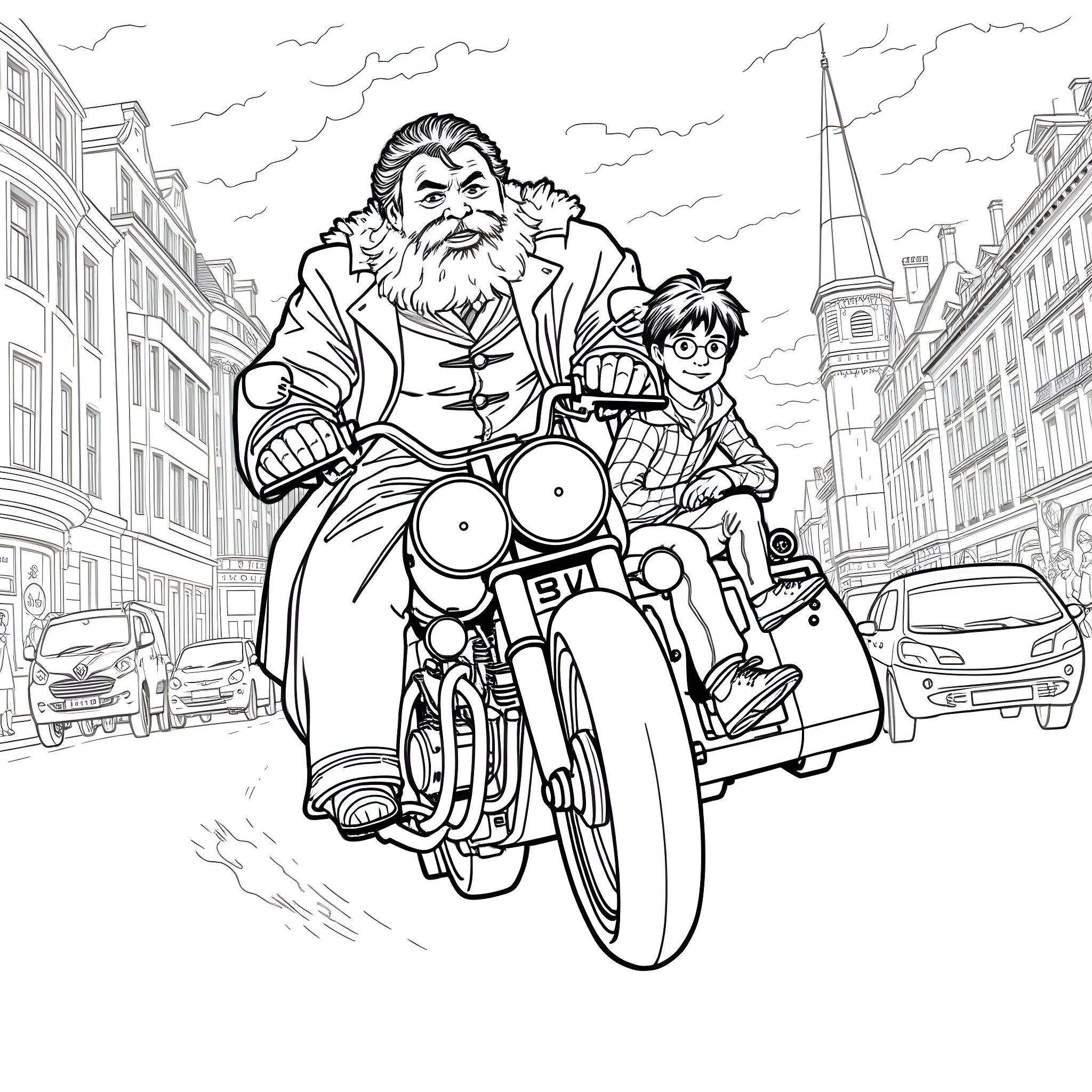 Hagrid and Harry riding a motorcycle through the city Coloring Page (free black-and-white line drawing printable PDF for all, from beginners to advanced learners, including children, teens, adults, and seniors)